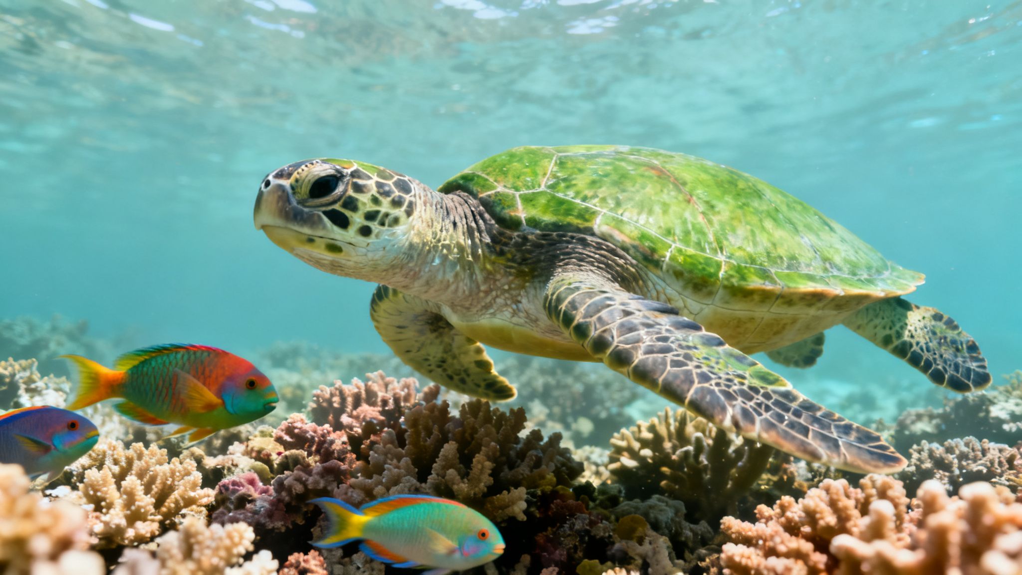 A green sea turtle swims over a vibrant coral reef with colorful fish in clear blue water.