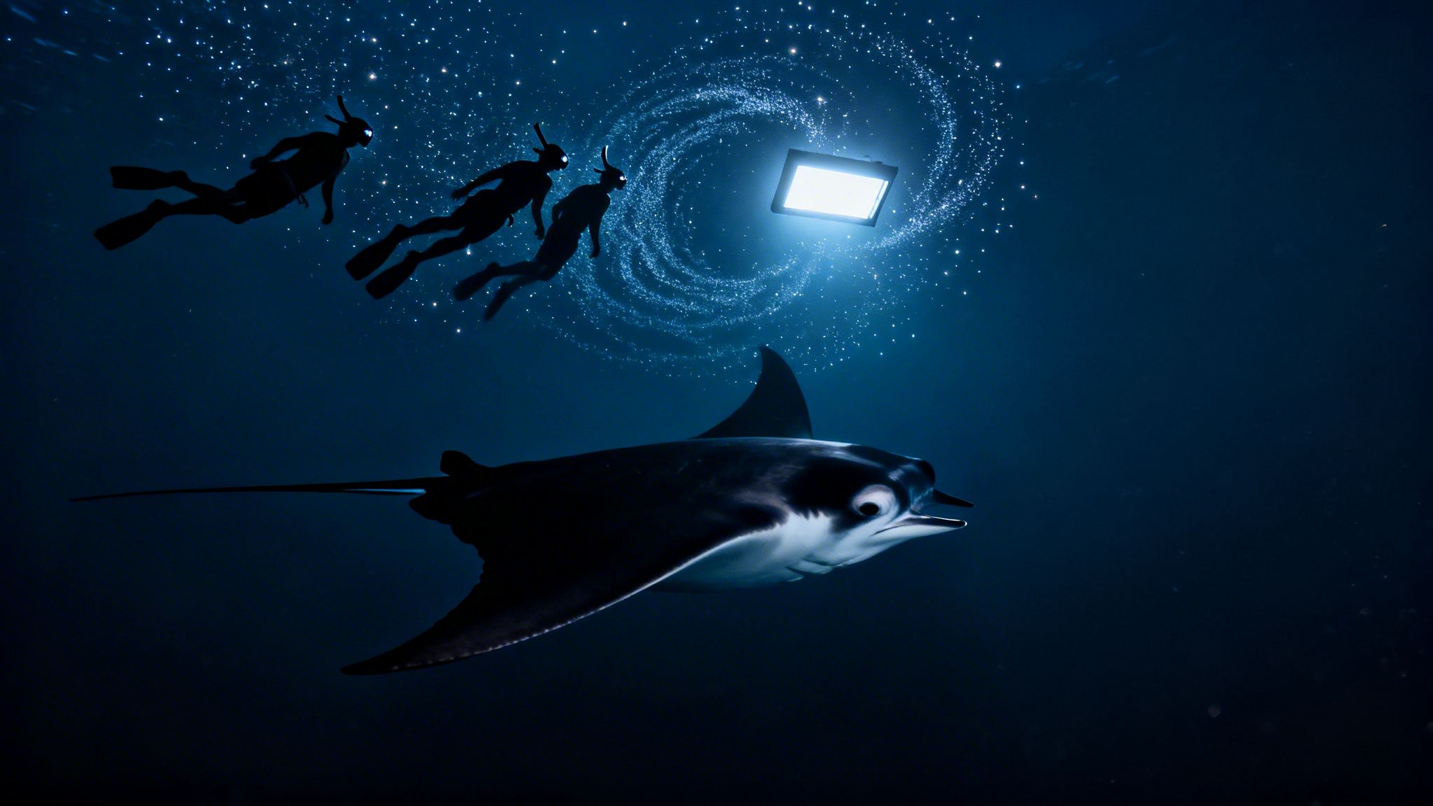 Snorkelers watch a large manta ray feeding on plankton illuminated by an underwater light.