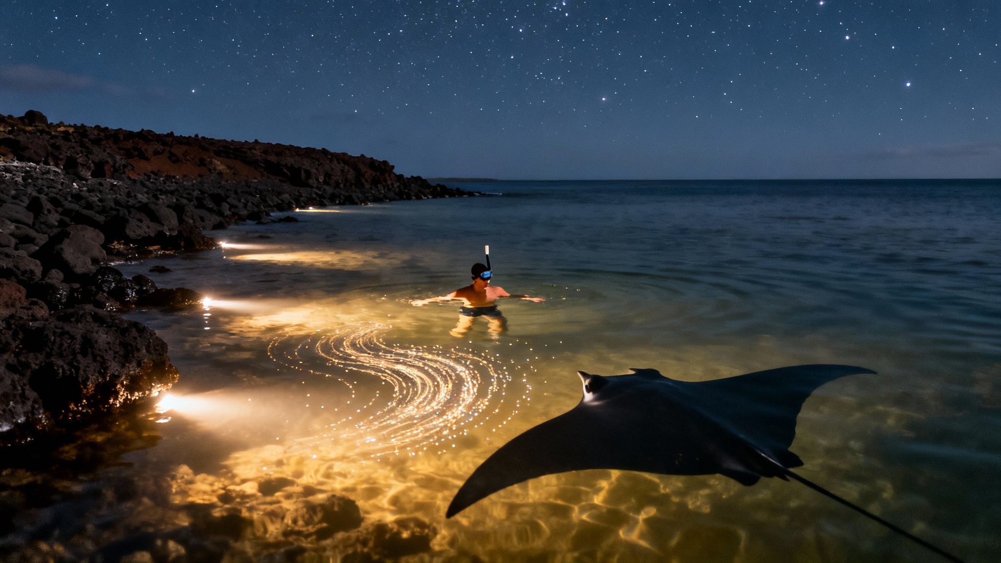 Manta rays feeding under lights at night