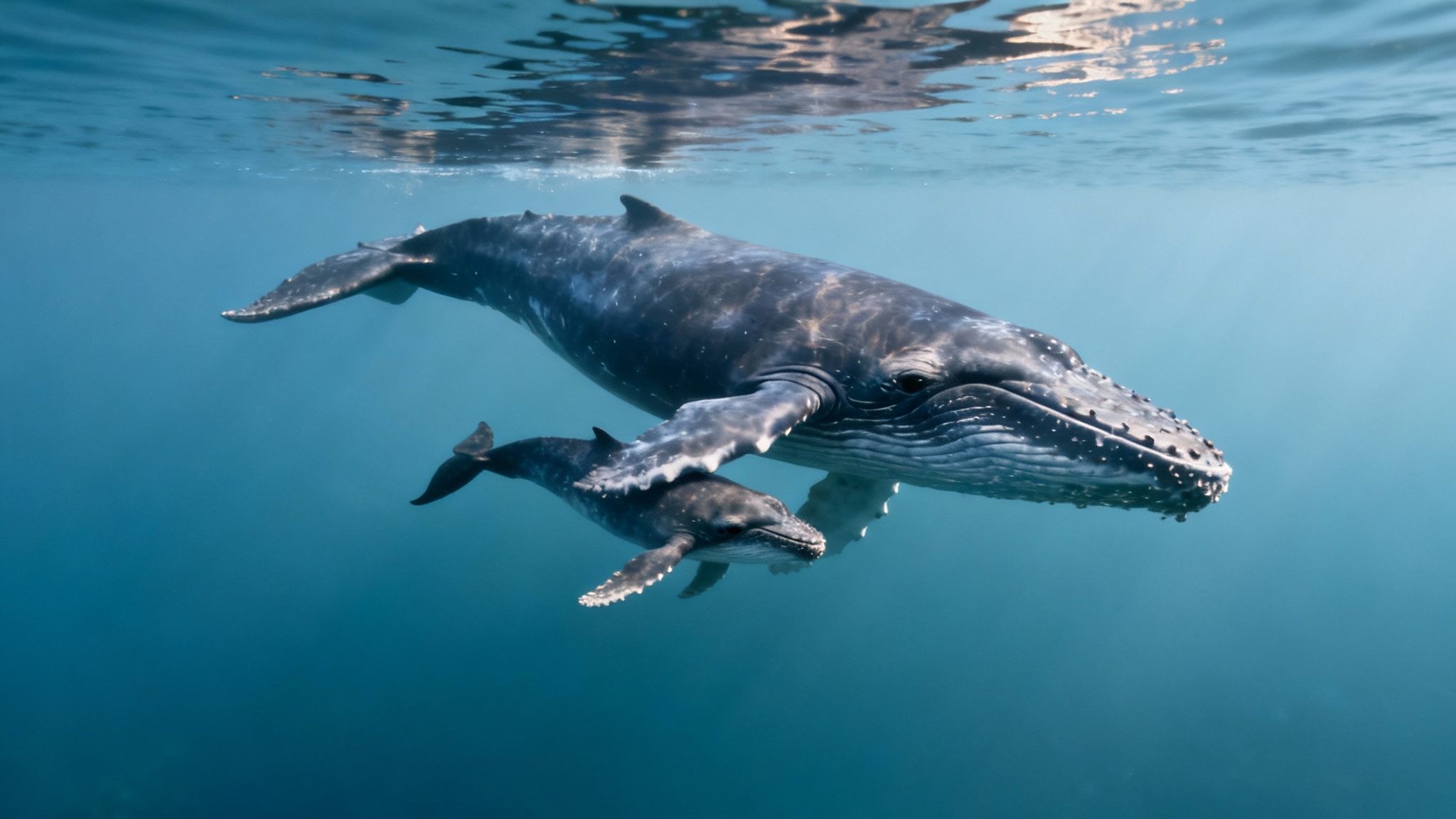 A mother humpback whale and her calf swim gracefully near the surface in the clear blue waters off Kailua Kona.