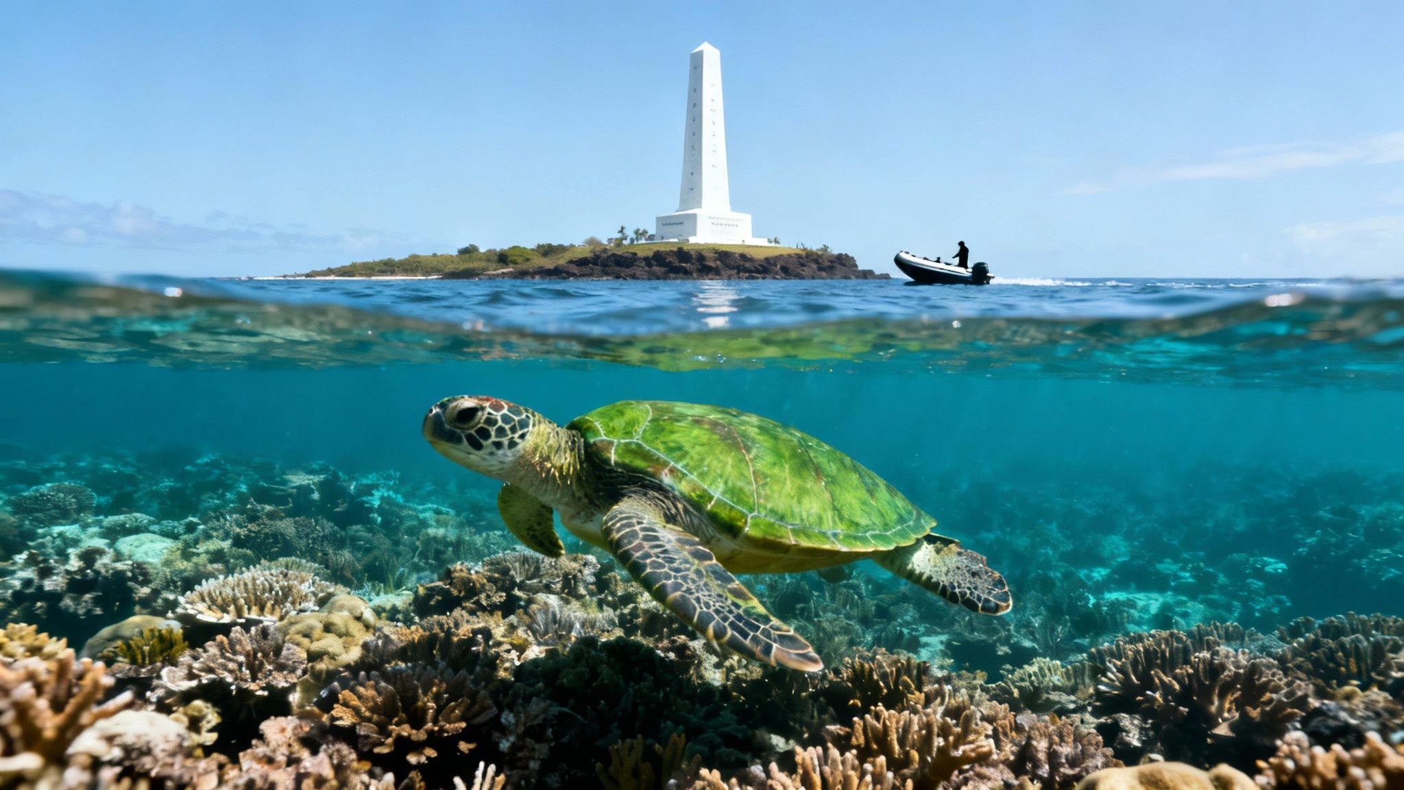 The stark white Captain Cook Monument stands against the lush green cliffs of Kealakekua Bay