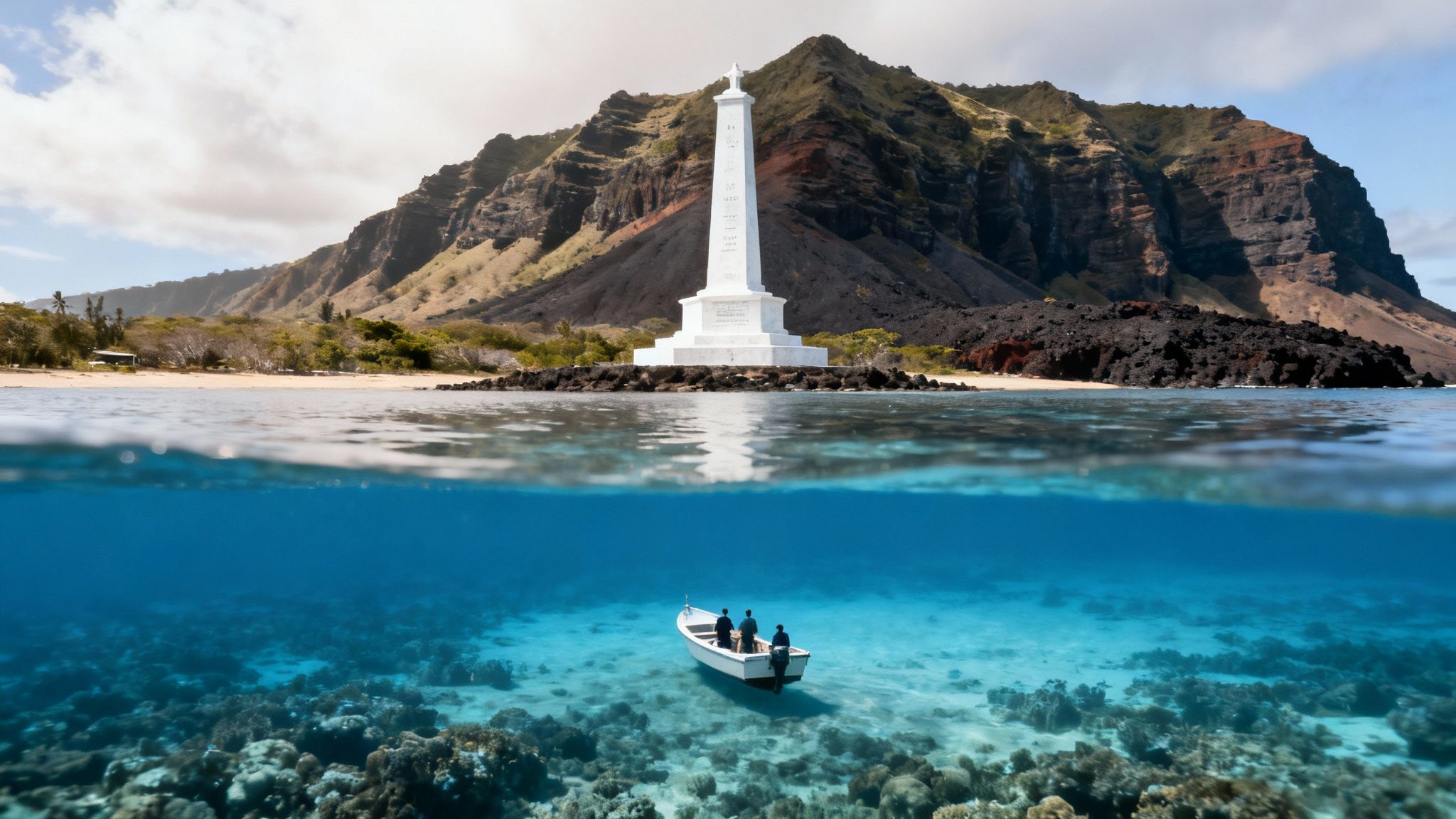 Split-level view: Captain Cook monument in a Hawaiian bay, clear water, vibrant coral reef, and snorkelers.