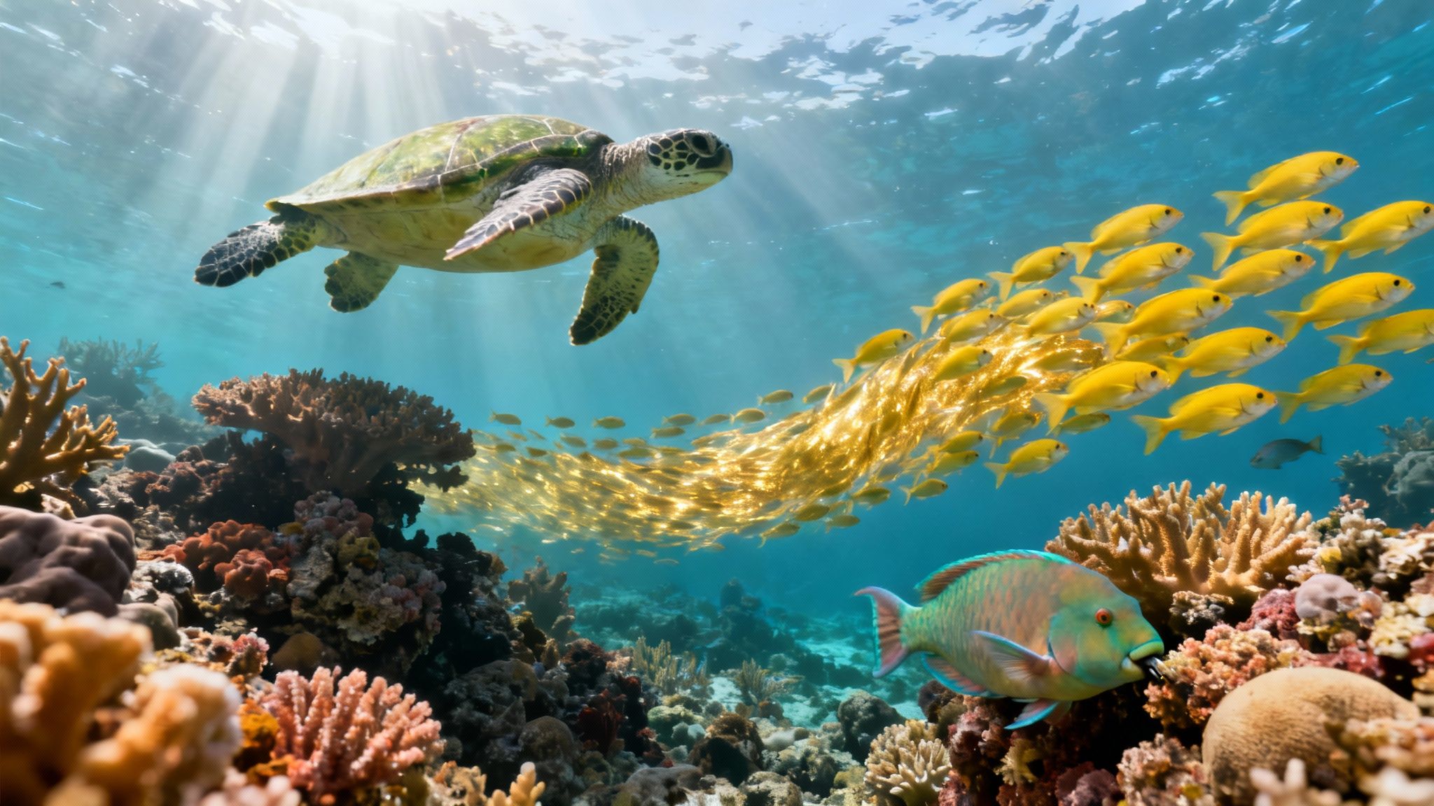 Vibrant underwater scene with a sea turtle swimming over coral reefs, surrounded by a school of yellow fish and a parrotfish.