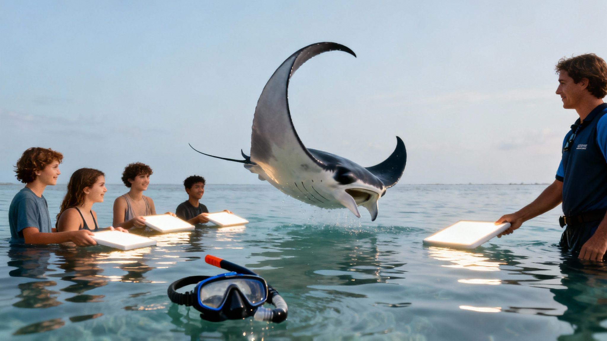 Snorkelers holding onto a light board at night, watching a manta ray in Kona.