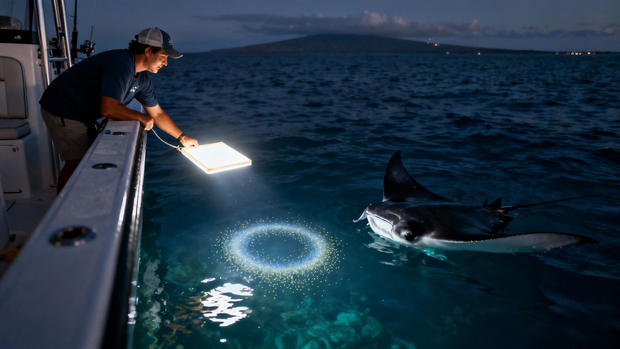 Man on boat holds light panel, attracting a manta ray with bioluminescent plankton at night.