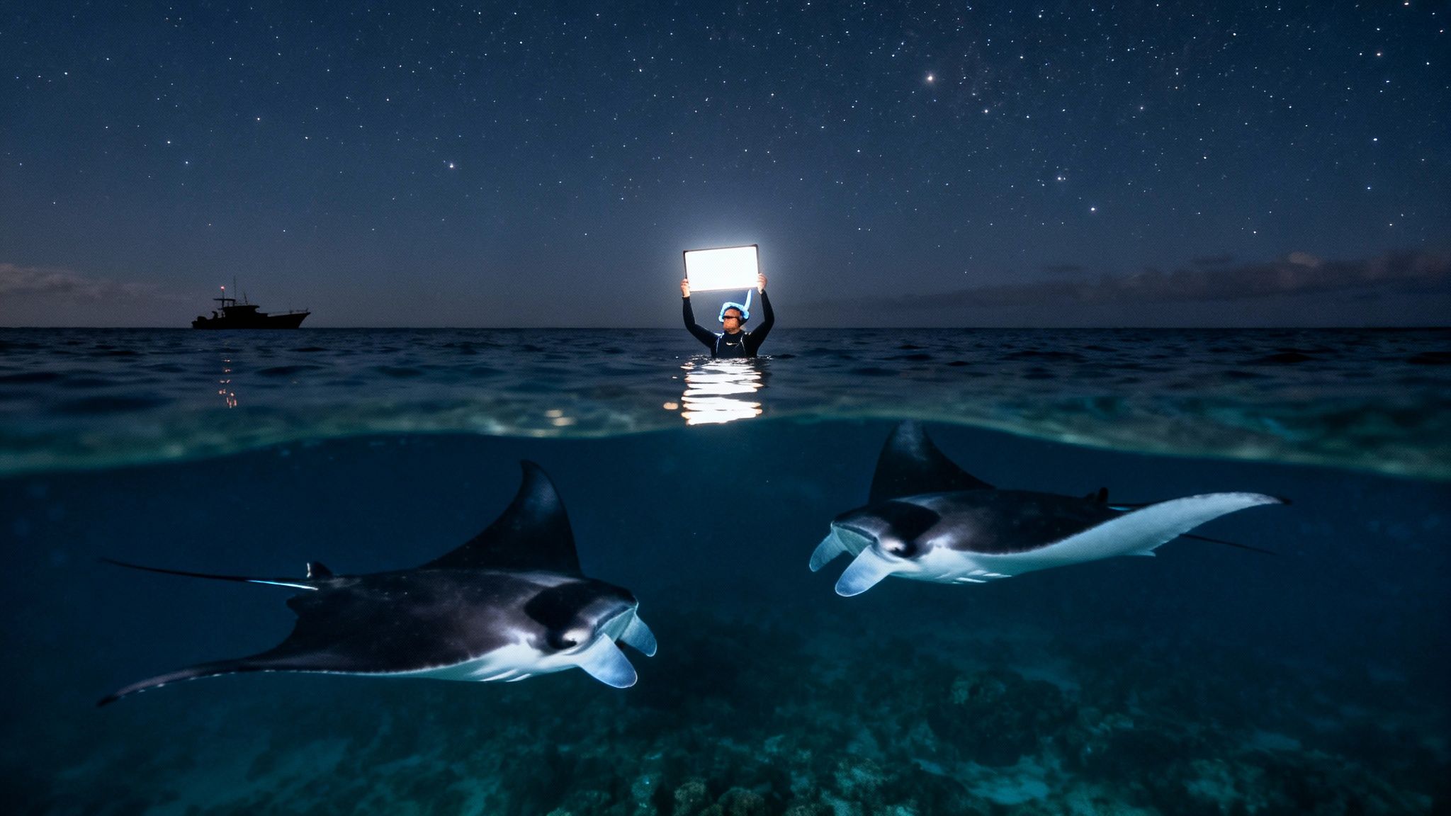 A person snorkels at night with a bright light, attracting two manta rays under a starry sky.
