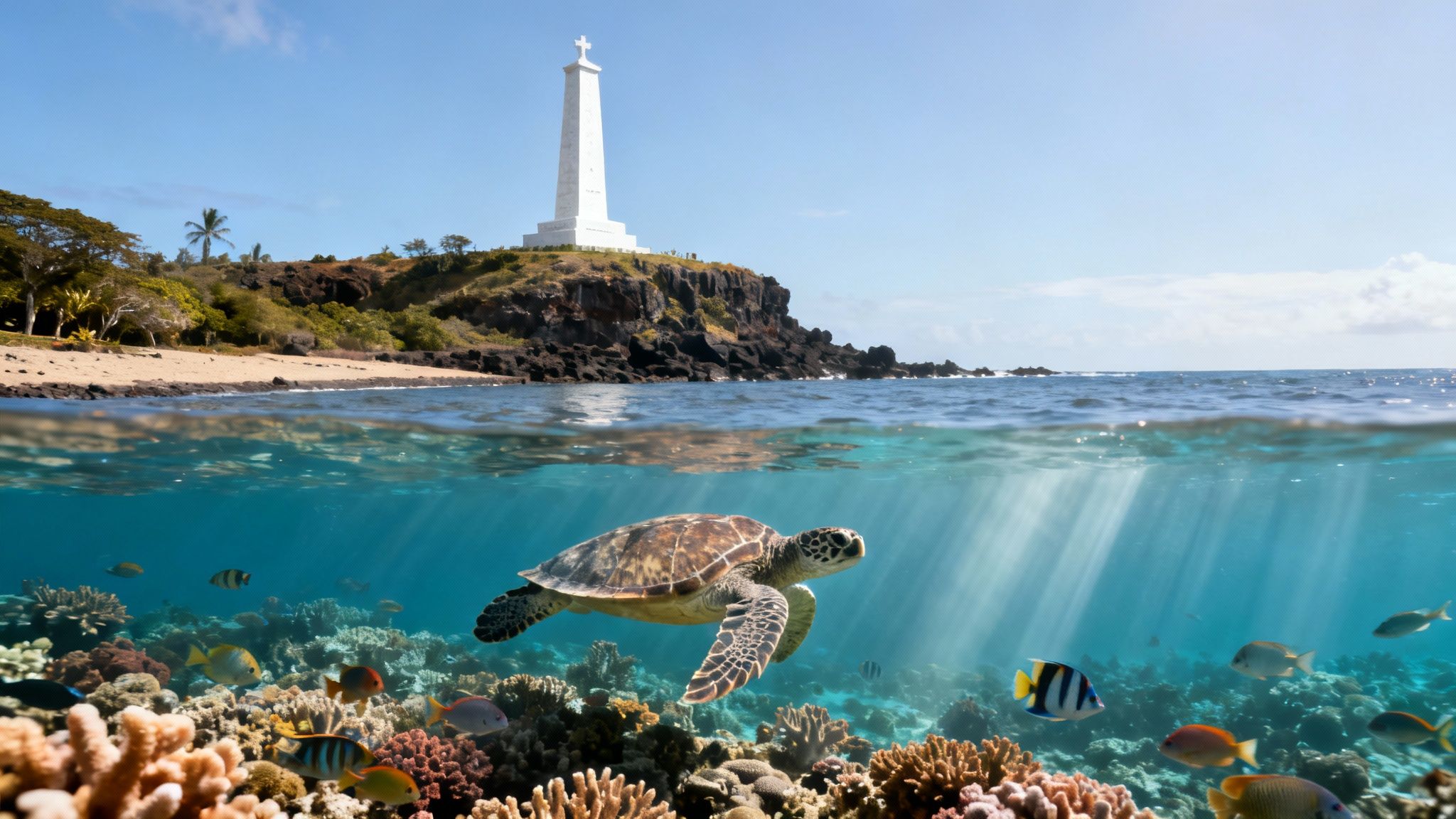 Split image: tropical beach, a white monument, and ocean above; a sea turtle swimming over coral reef below.