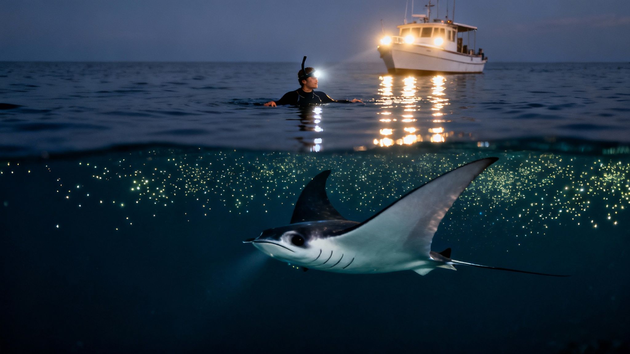 A person snorkeling at night near a boat, observing a luminous manta ray underwater.