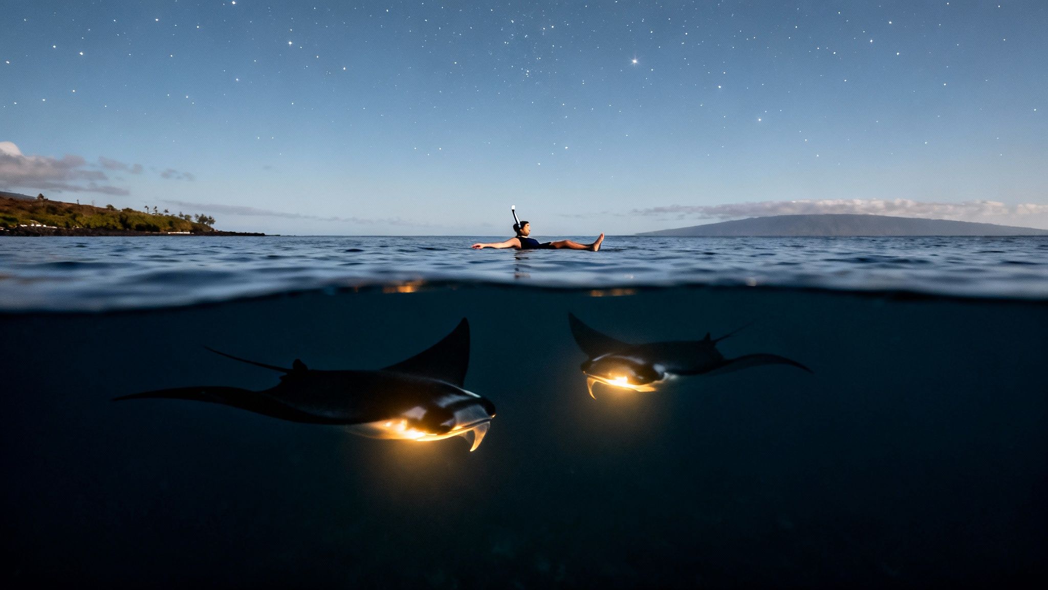 Split view showing a person snorkeling under a starry sky and two illuminated manta rays below.