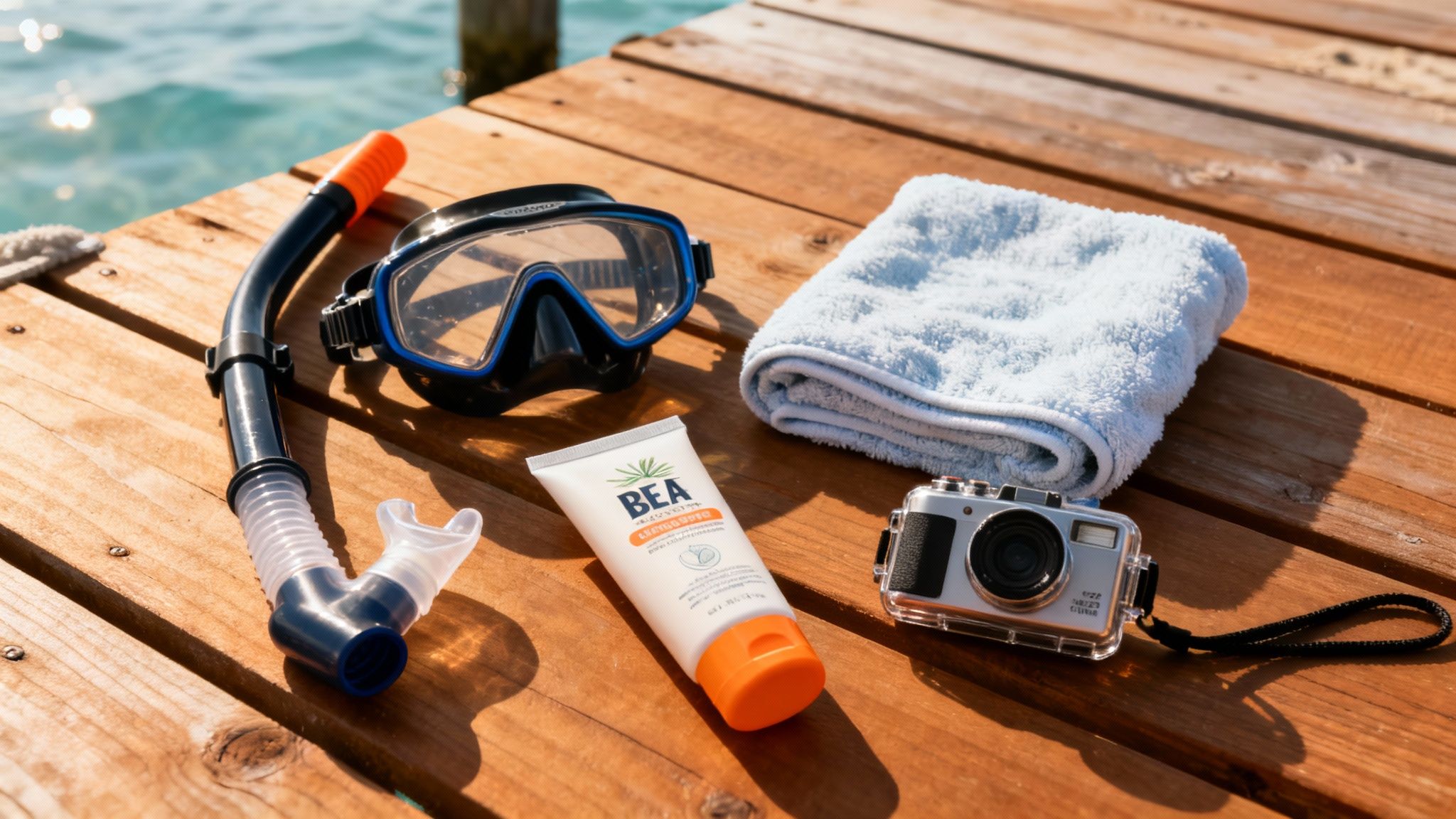 Snorkel, mask, sunscreen, towel, and waterproof camera laid out on a wooden dock by the water.