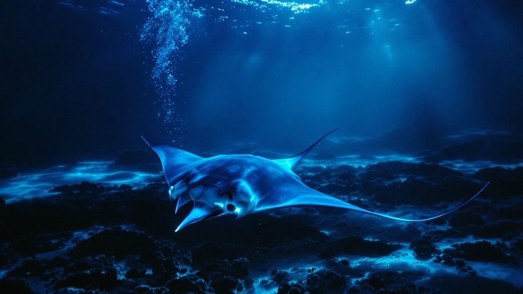 A giant manta ray swims gracefully in the dark ocean waters of Kona, illuminated by lights from below.