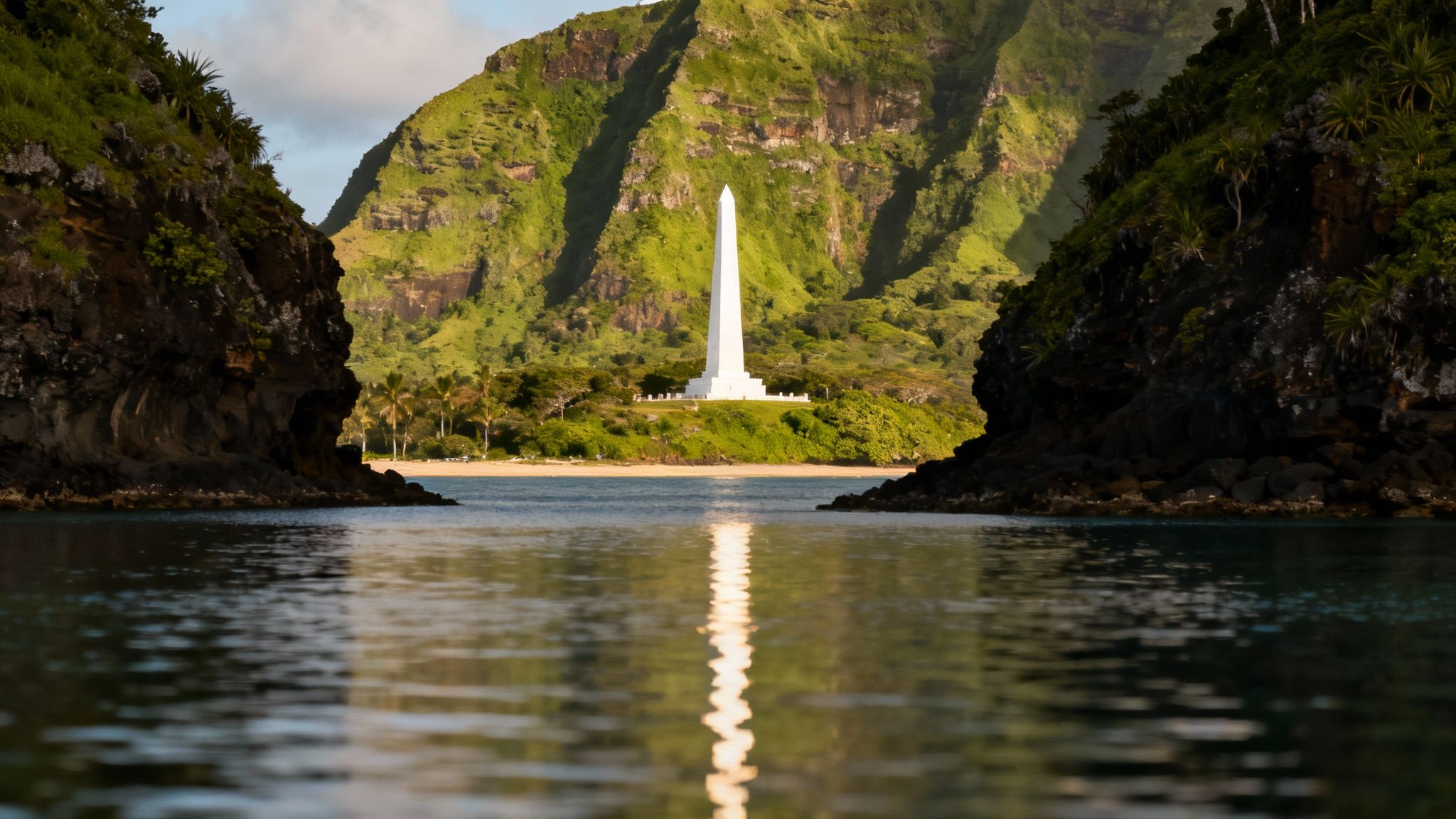 The white obelisk of the Captain Cook Monument stands against the lush green cliffs of Kealakekua Bay.