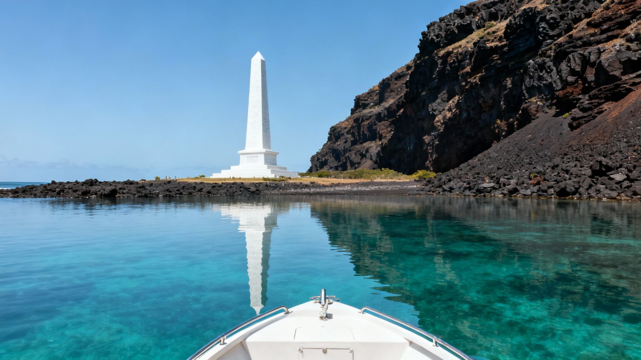 A striking white obelisk monument stands on a rocky shore, reflected in calm, turquoise water from a boat's perspective.