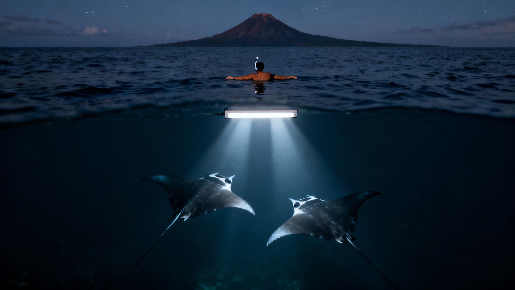 Graceful manta ray swimming in the illuminated water during a night snorkel tour.