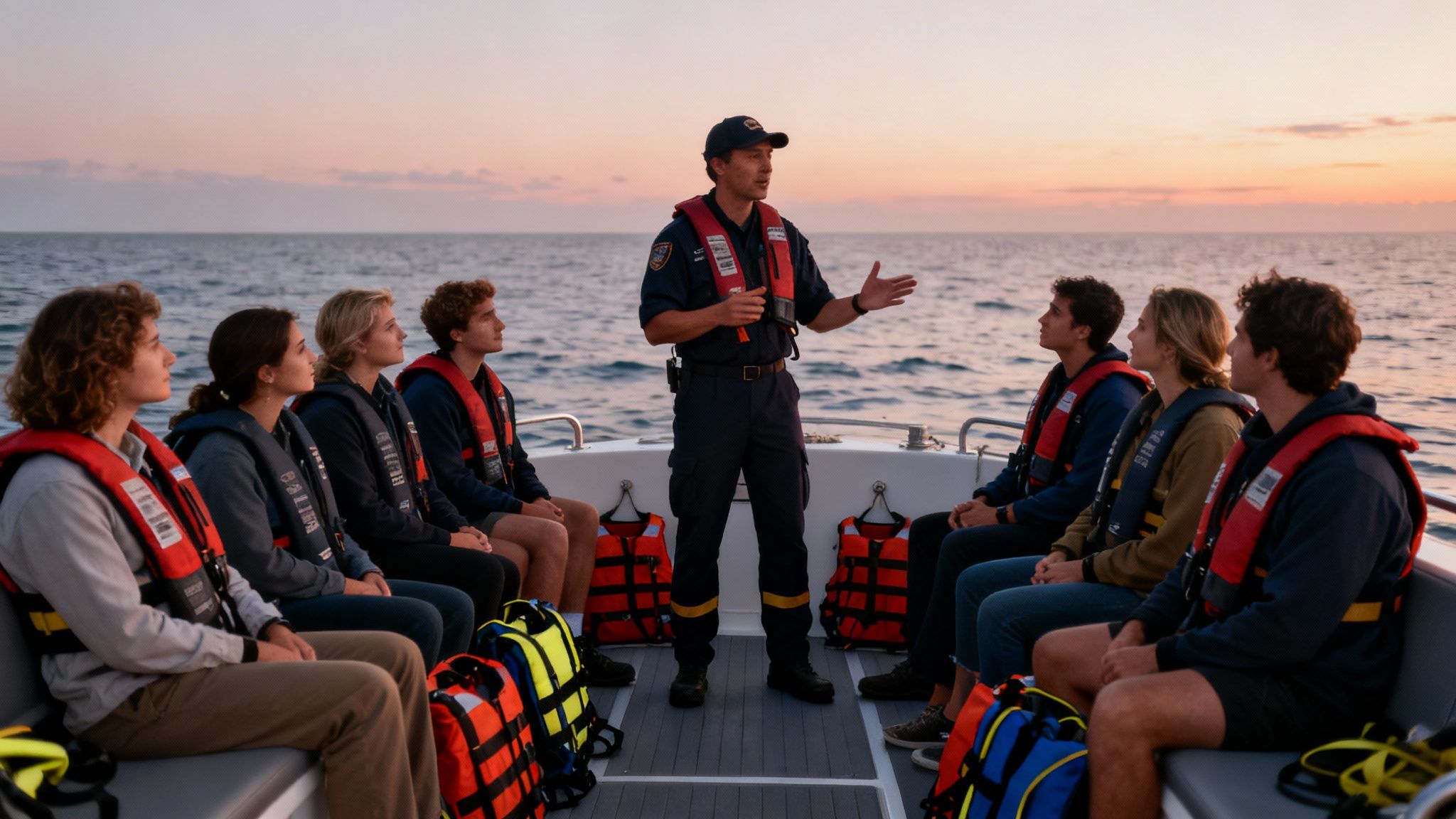 A group of young people in life vests listening to a guide on a boat at sunset.