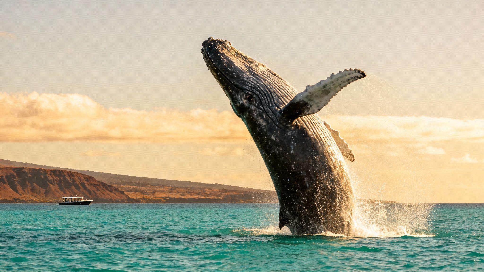 A majestic humpback whale breaches high out of the turquoise ocean against a golden sunset sky, with a boat nearby.