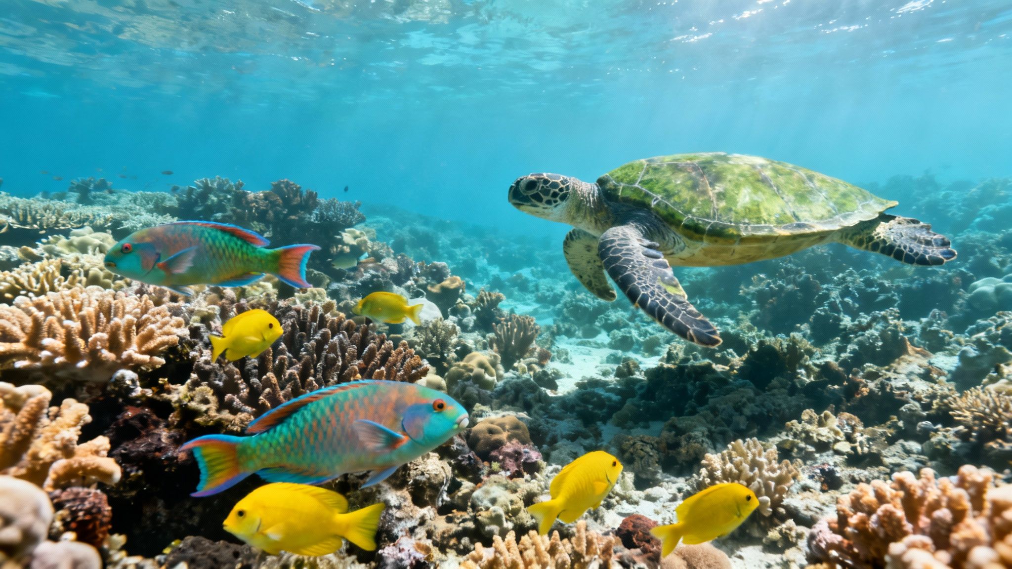 A majestic green sea turtle glides above vibrant coral reefs, surrounded by colorful parrotfish and yellow fish.