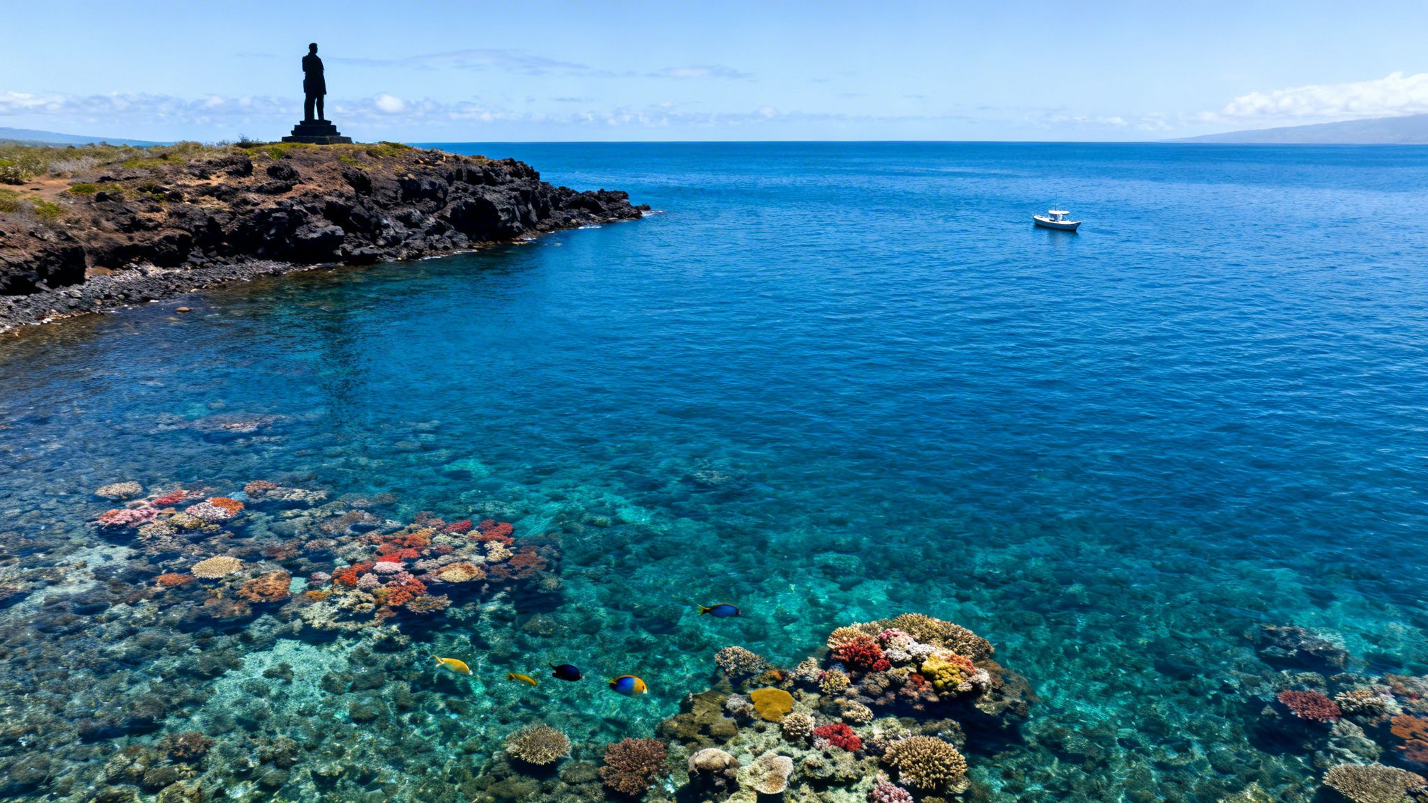 Aerial view of a vibrant coral reef with colorful fish, clear blue ocean, and a coastal statue on a cliff.