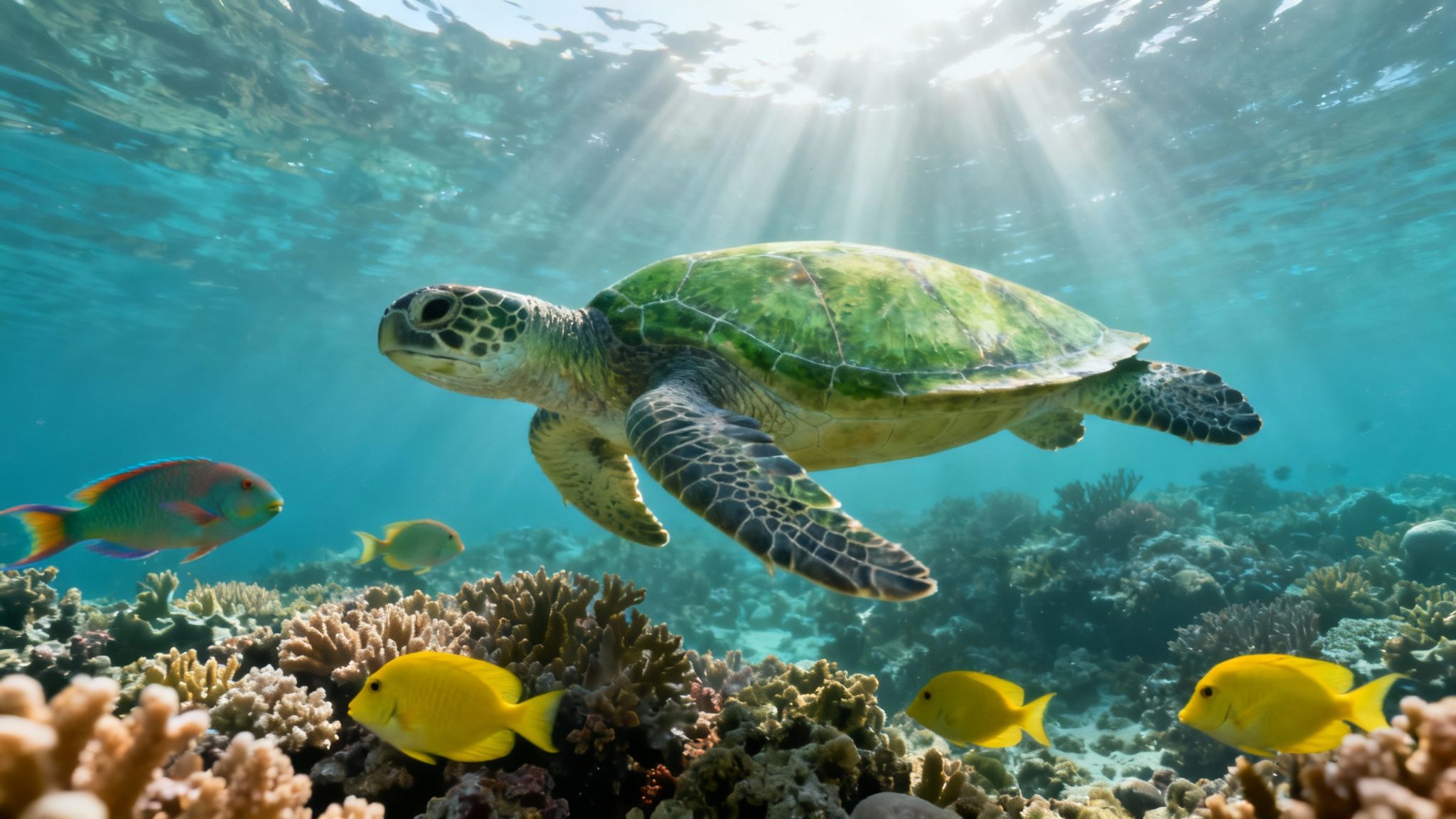 A vibrant underwater scene with a green sea turtle swimming over a coral reef, accompanied by colorful fish and sun rays.