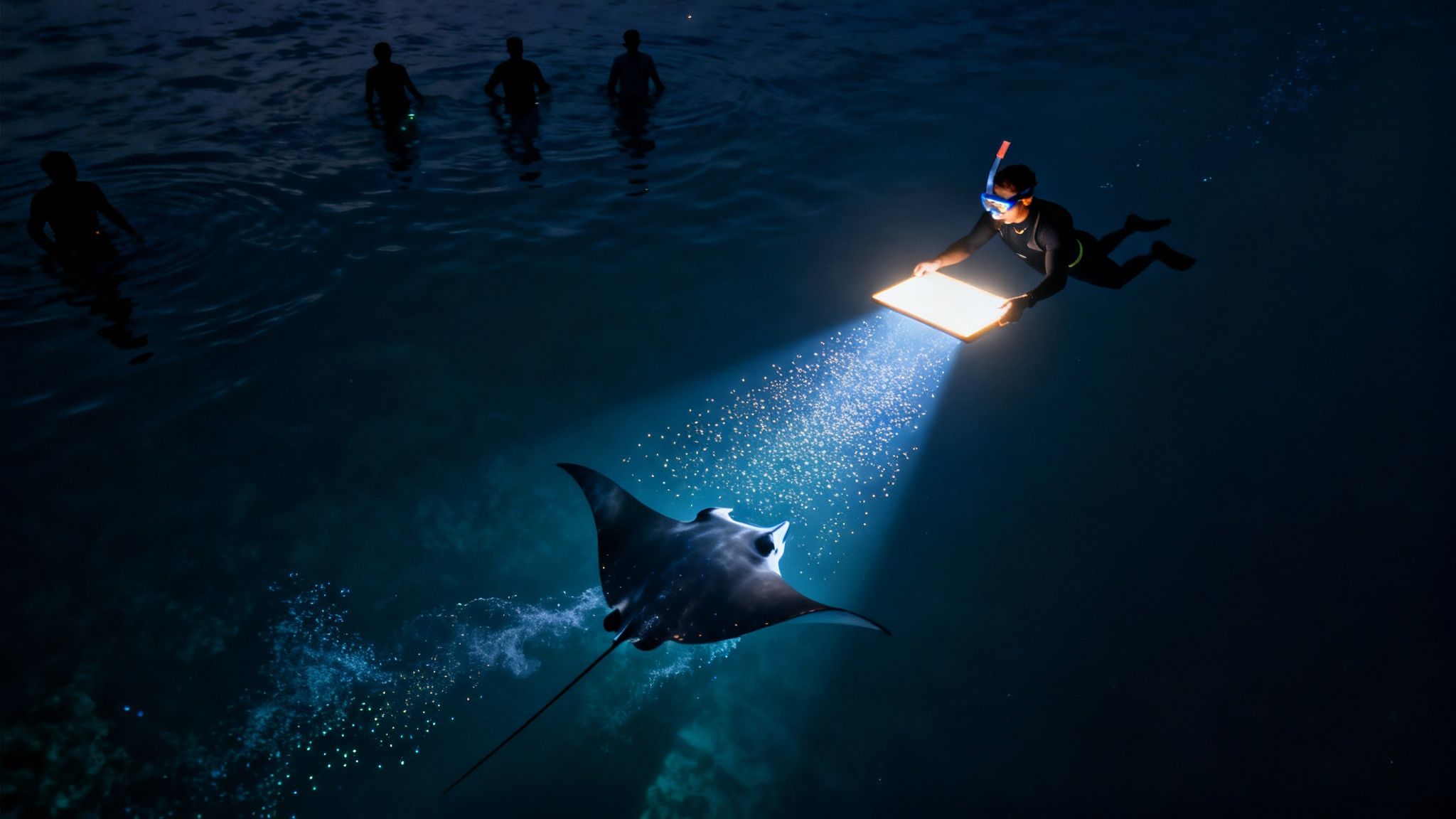 A snorkeler illuminates a manta ray feeding on plankton at night, with observers in water.