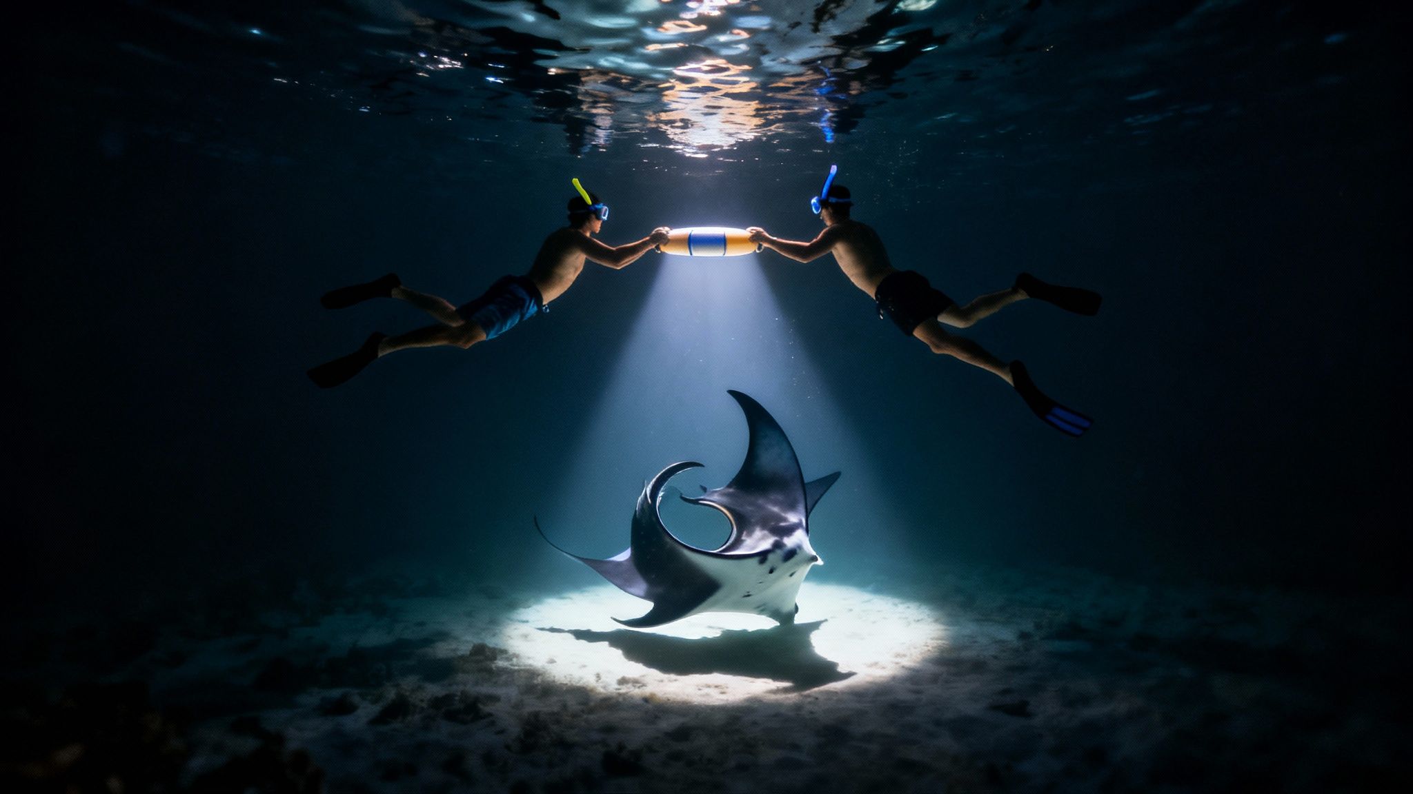 A manta ray gracefully swims in the dark ocean, illuminated by lights from below during a night snorkel in Kona.