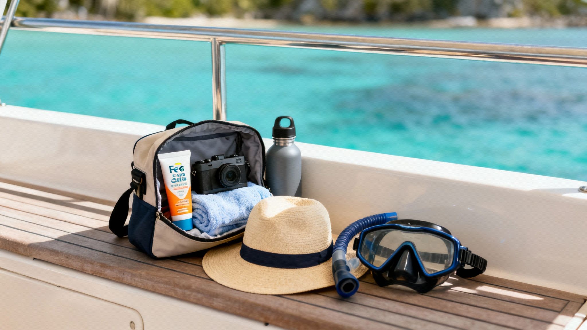 A collection of snorkeling gear, a towel, and reef-safe sunscreen laid out on a wooden deck.