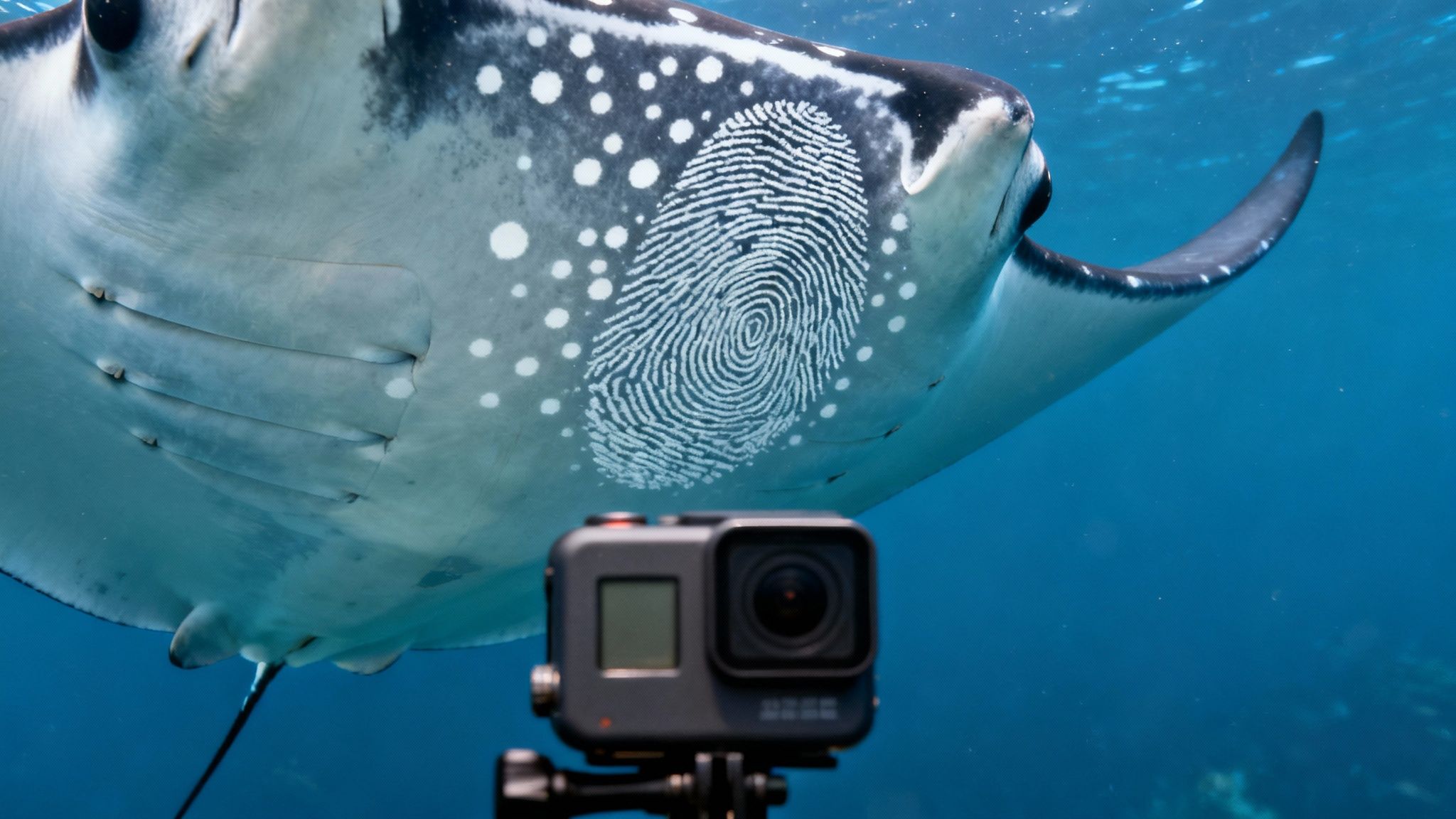 A manta ray with a digital fingerprint pattern on its belly, observed by an underwater camera.