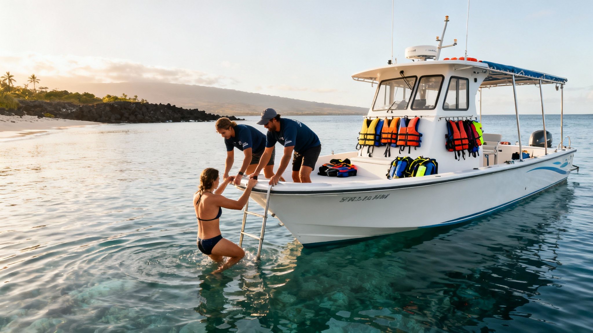 A woman climbs a boat ladder from clear water, assisted by two men, near a tropical beach.
