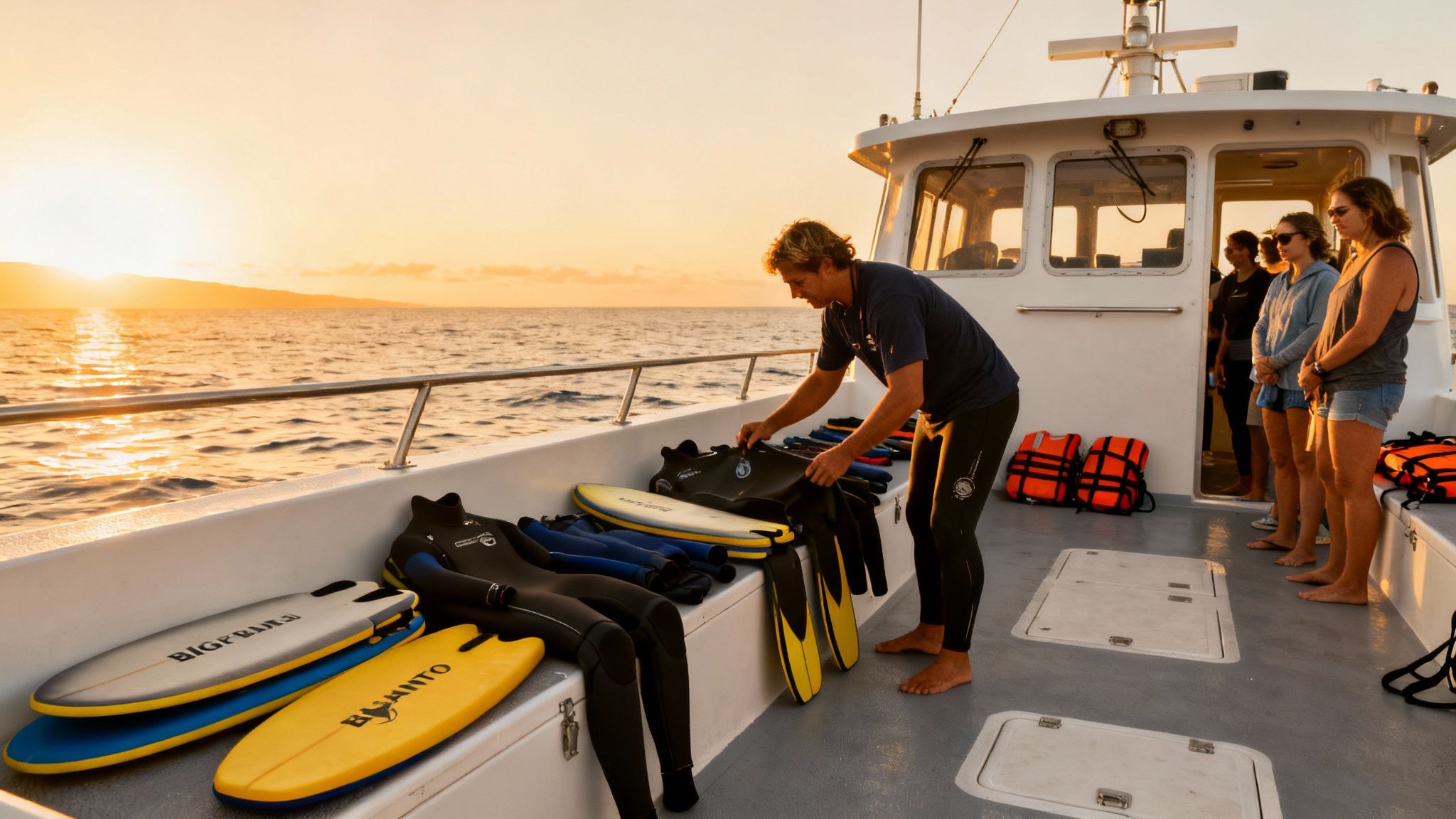 A man arranges snorkeling gear and wetsuits on a boat deck at sunset with passengers watching.