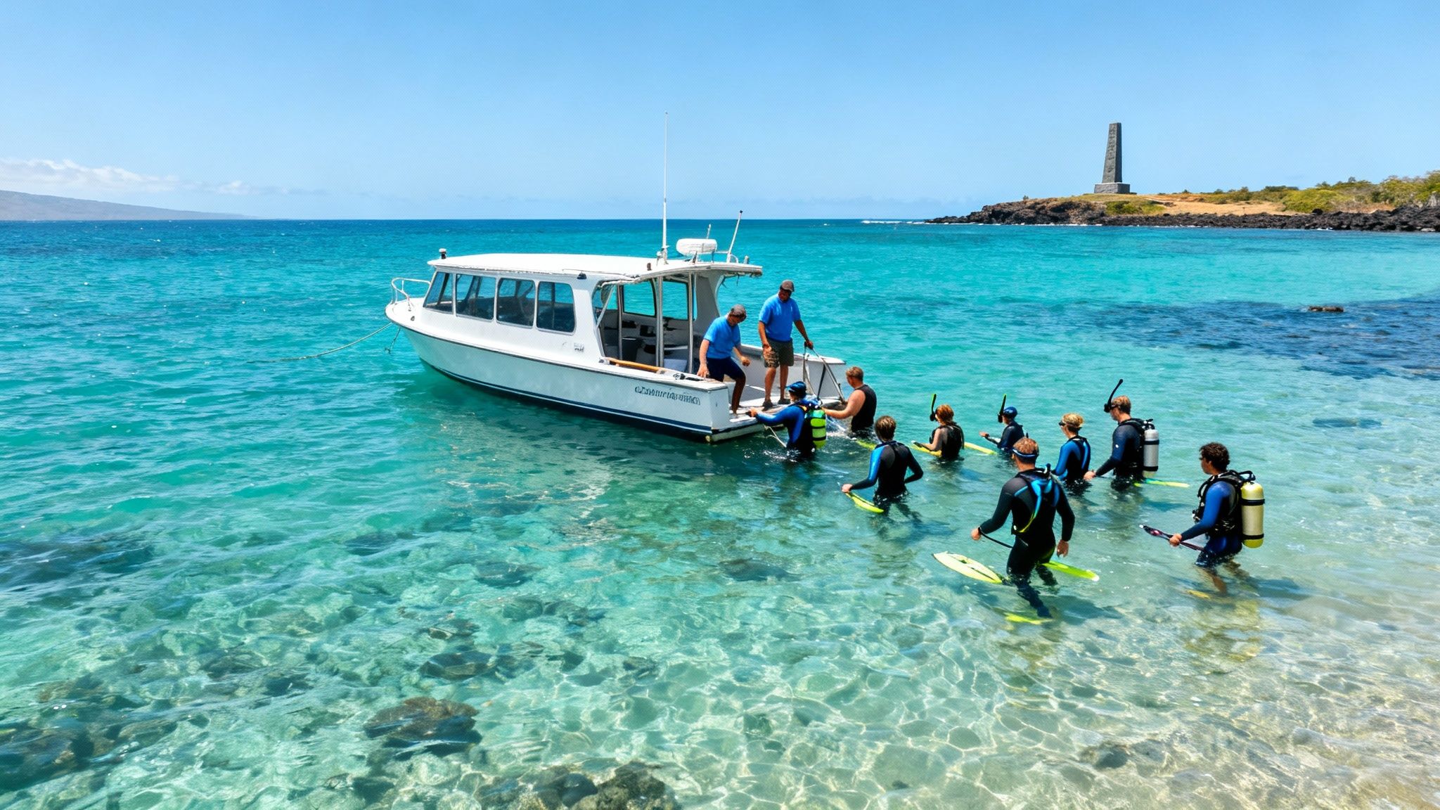 Scuba divers and snorkelers preparing for a tour around a boat in clear turquoise water with a monument.