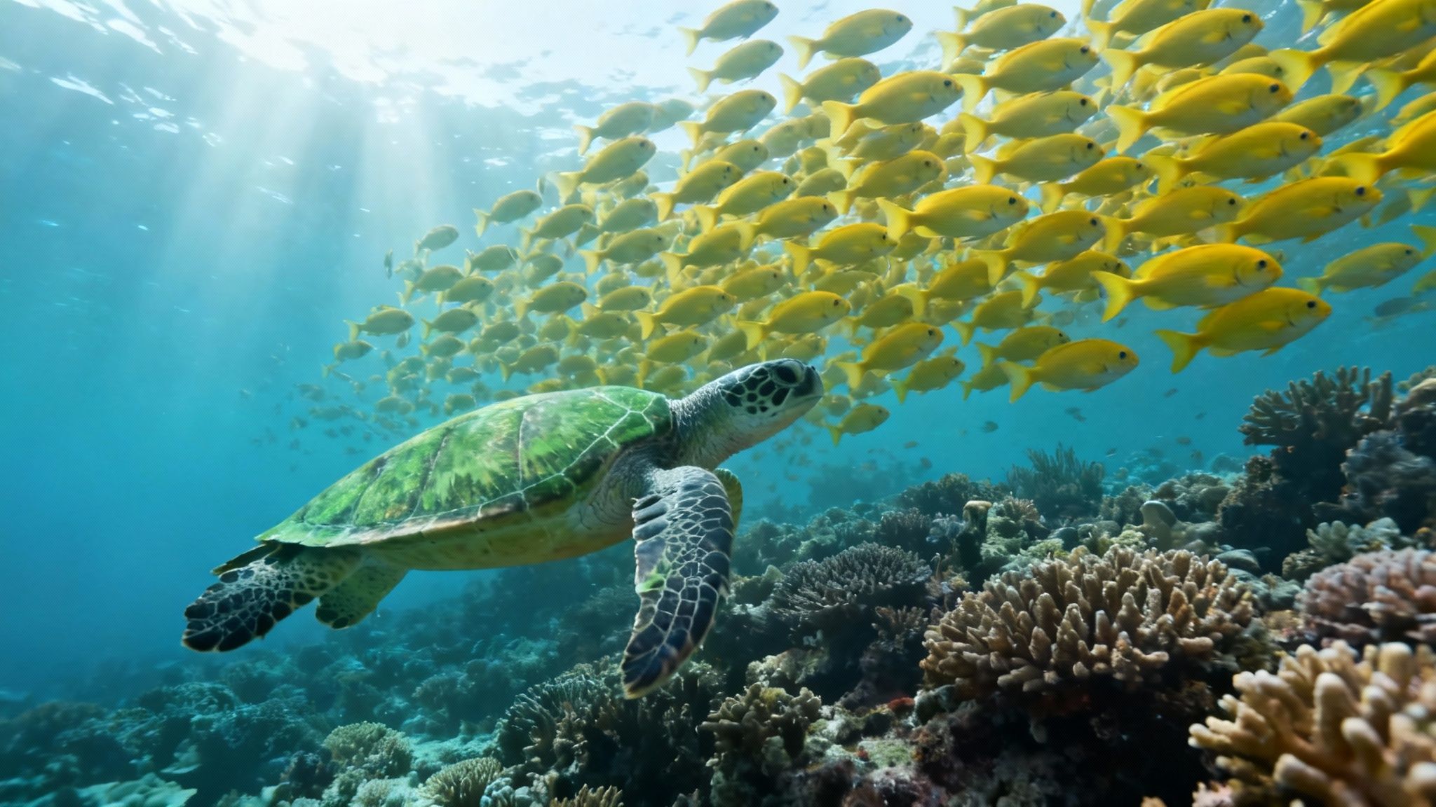 A majestic green sea turtle swims gracefully through vibrant coral reefs with a large school of yellow fish.