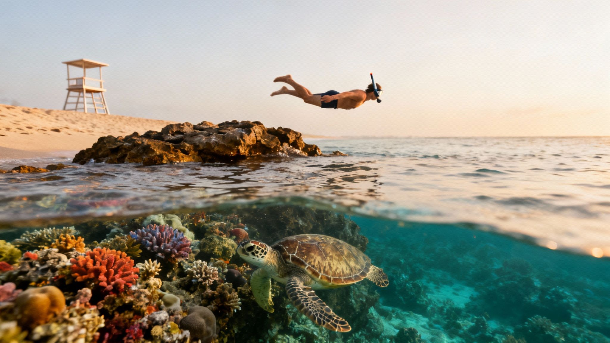 Split-level view of a snorkeler above water, a sea turtle among colorful coral reefs below, and a sandy beach.