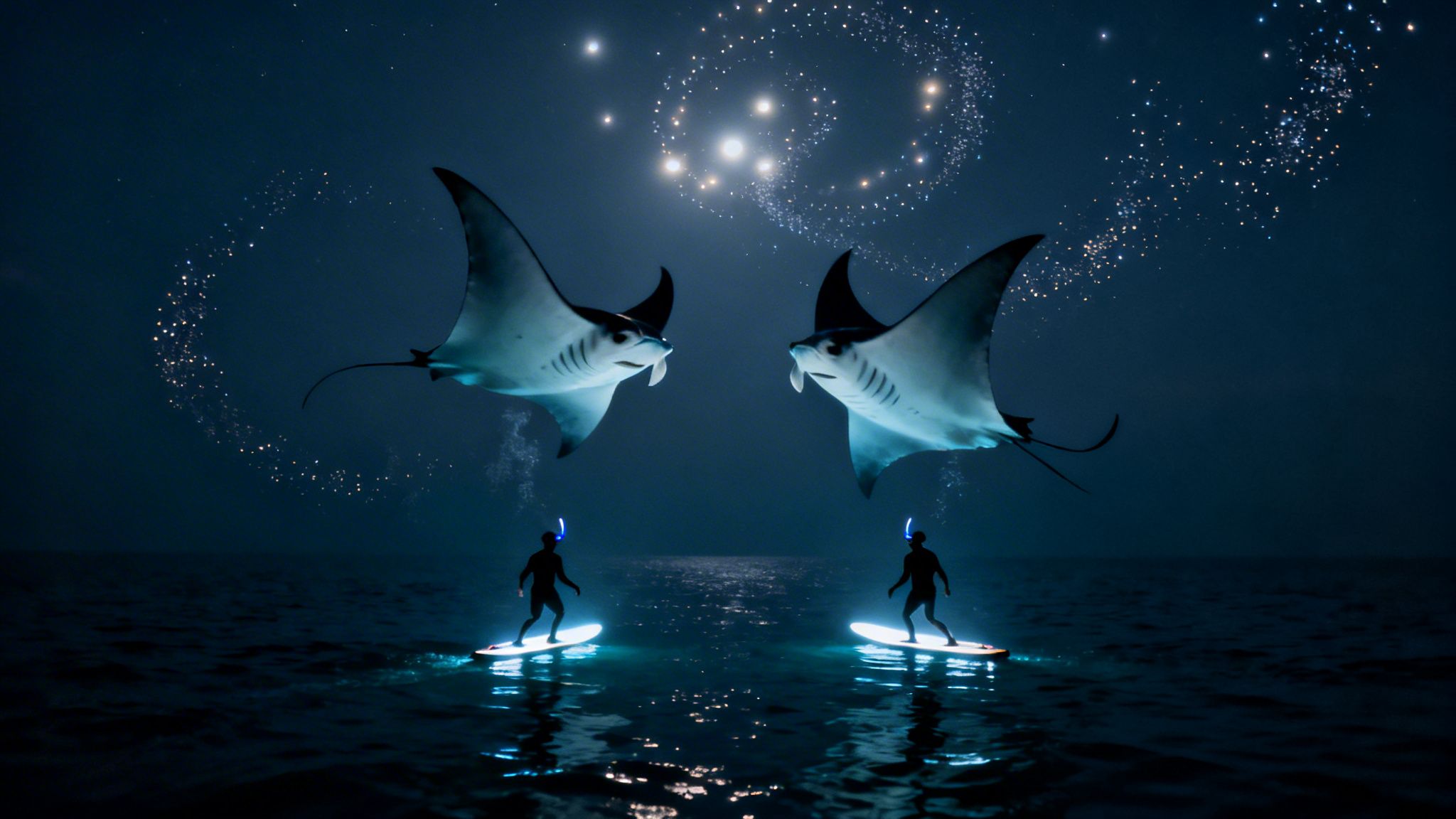 Two magnificent manta rays fly above two people paddleboarding under a magical starry night sky.