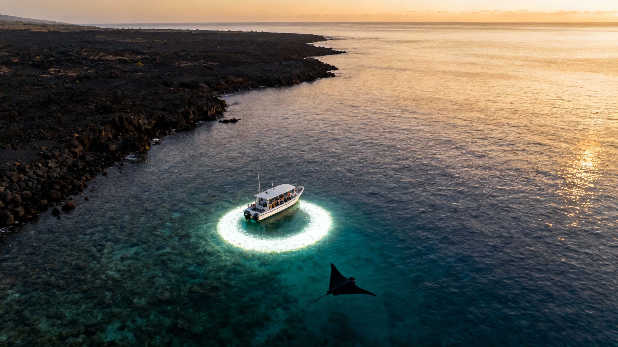 Aerial view of a boat with bright underwater lights attracting a manta ray at sunset near a dark coast.