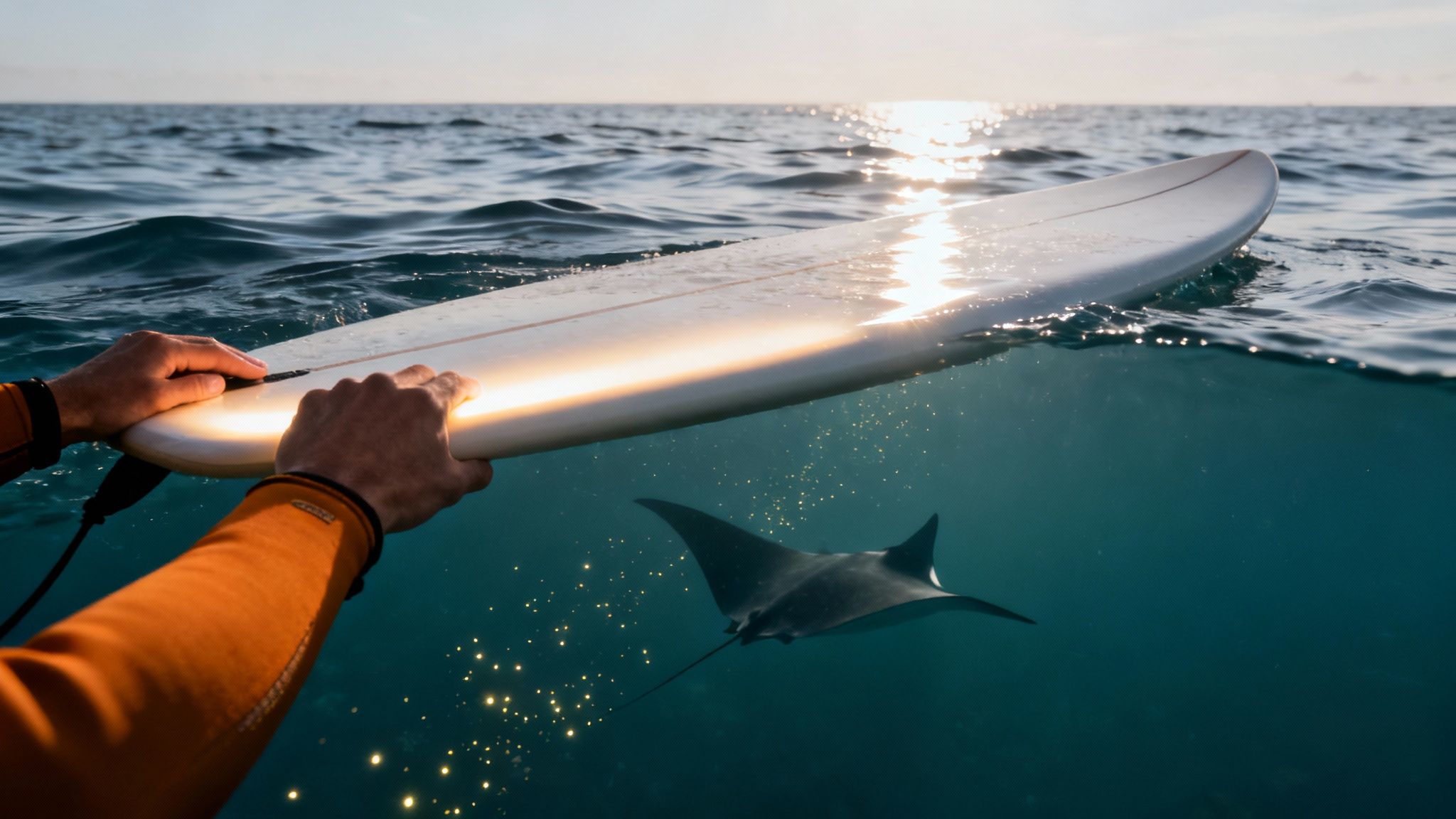 A surfer holds a board in the ocean, with a majestic manta ray swimming underneath at sunset.