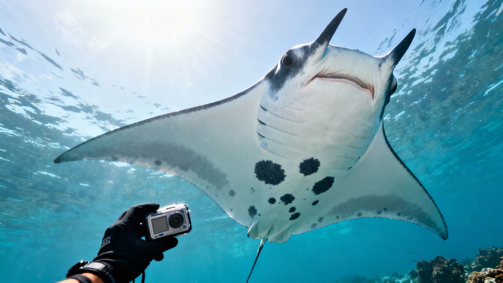 A diver in clear blue water photographing a large manta ray swimming directly overhead.