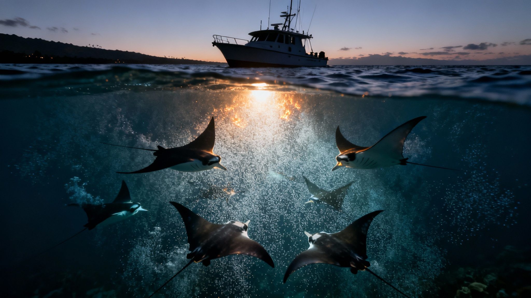Manta rays swim under a boat at twilight, illuminated by lights from the surface.