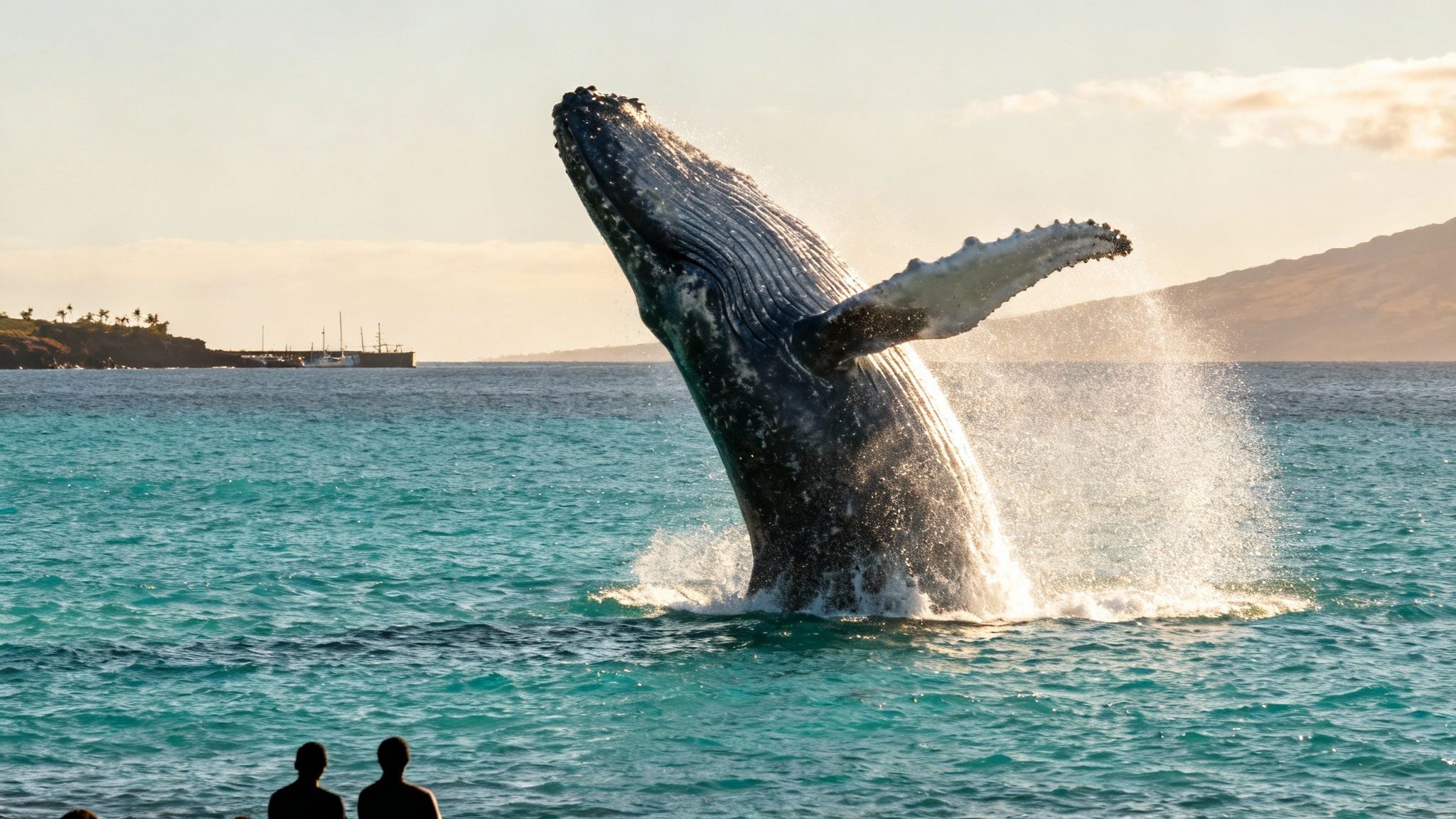 A humpback whale breaching spectacularly out of the ocean water off the coast of Kailua-Kona.