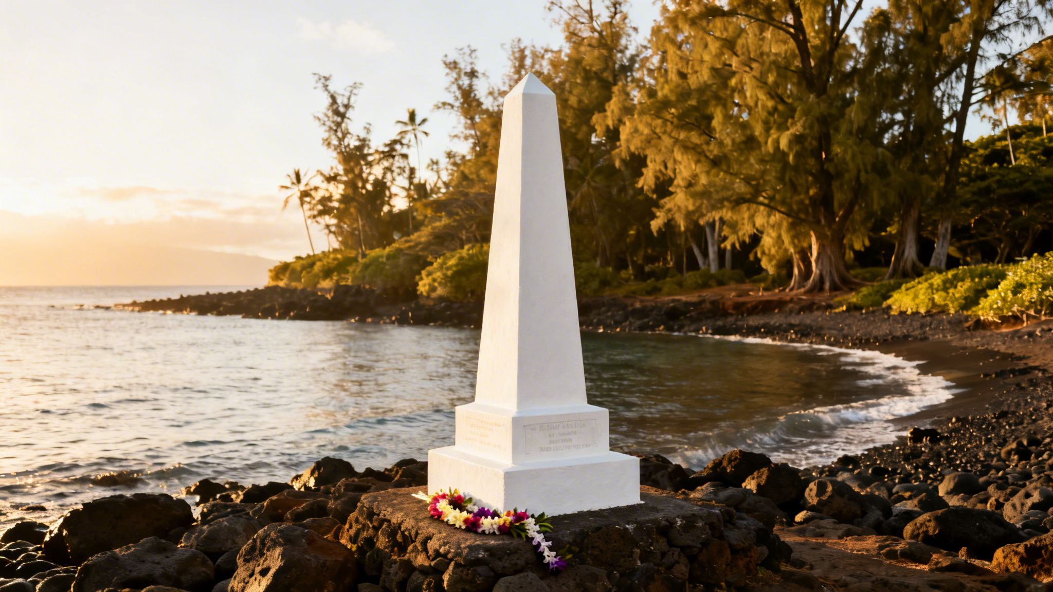 White obelisk monument with a floral lei on a rocky Hawaiian shore at sunset.