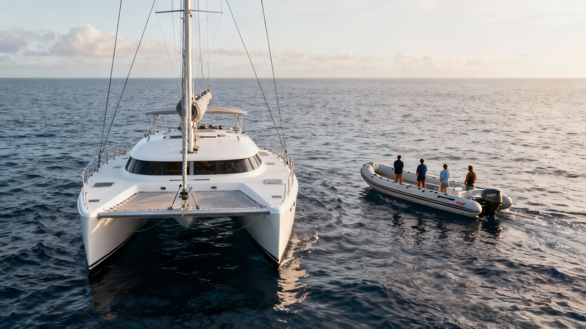 A group of tourists on a catamaran watching a humpback whale in the distance.