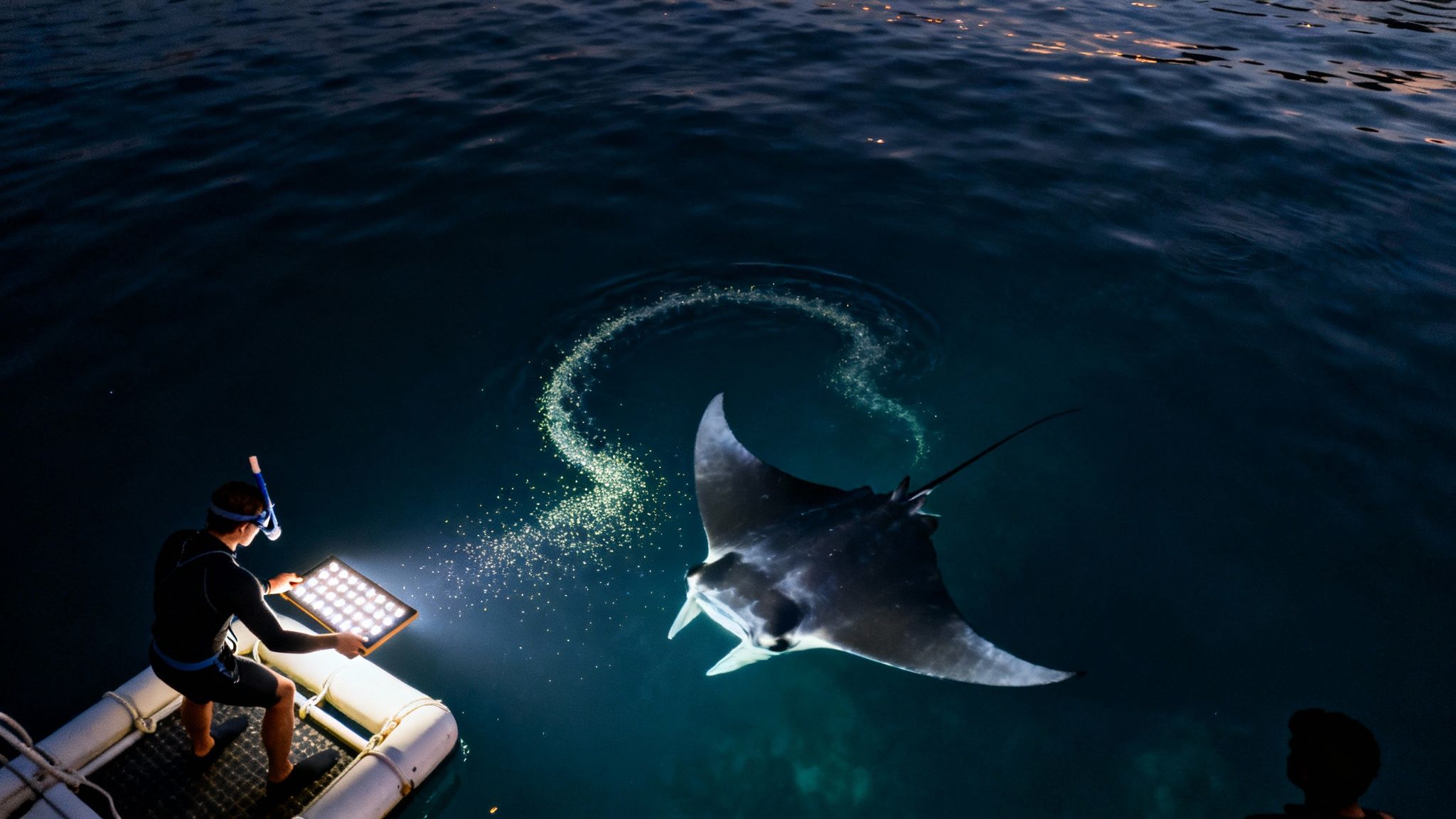 A diver on a boat illuminates a large manta ray in the dark ocean with a powerful light, attracting bioluminescence.