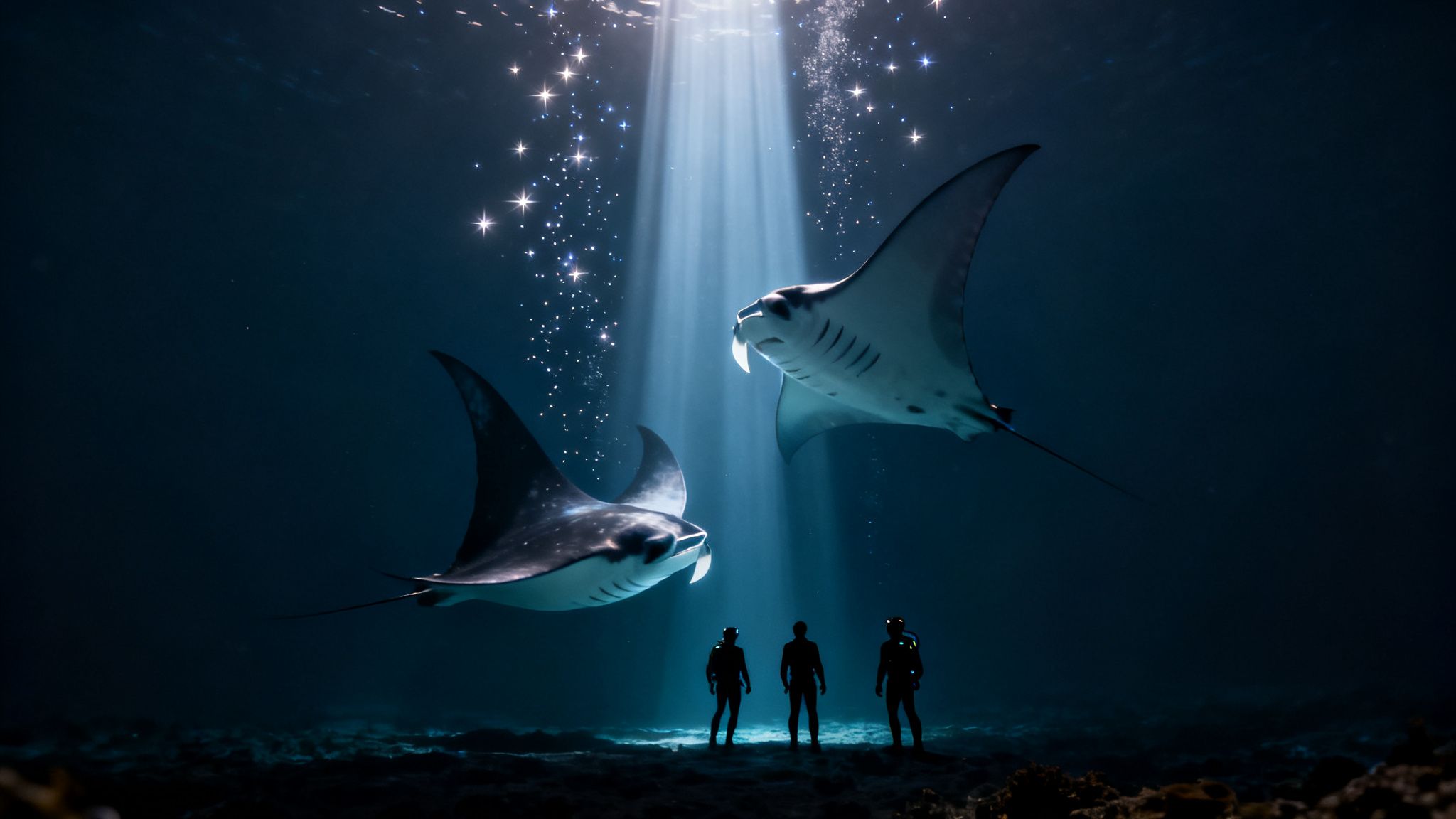 Three divers watch two giant manta rays illuminated by a celestial light beam underwater.