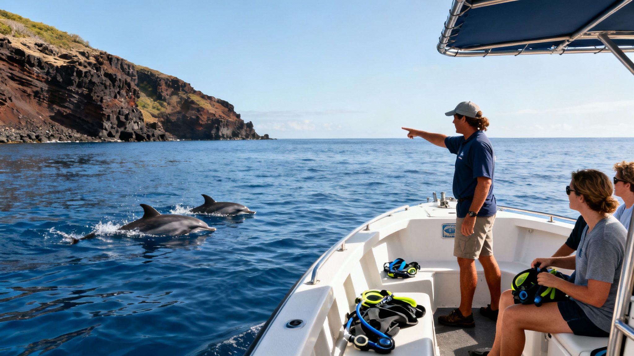 A guide points at two dolphins swimming next to a boat with tourists and snorkeling gear.