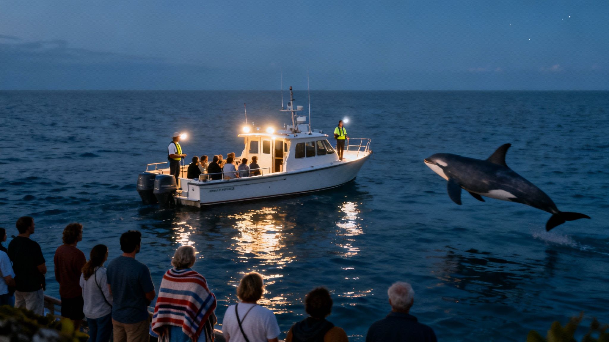 Tourists watch from a dock as a boat with lights illuminates a breaching orca at night.