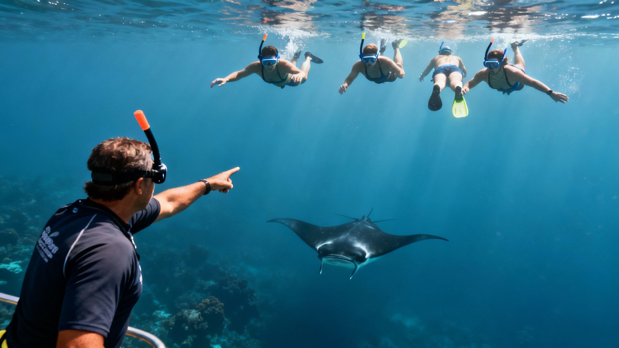 A snorkeler holds onto a light board, watching a manta ray glide below in Kona's dark waters.