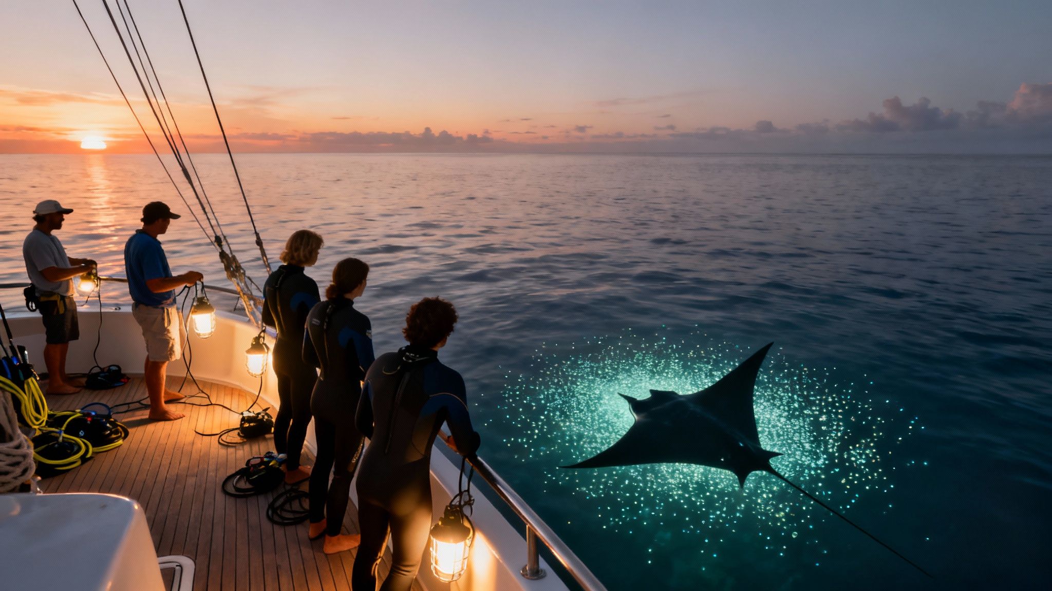 Snorkelers floating on the surface at night, mesmerized by a huge manta ray gliding just beneath them.