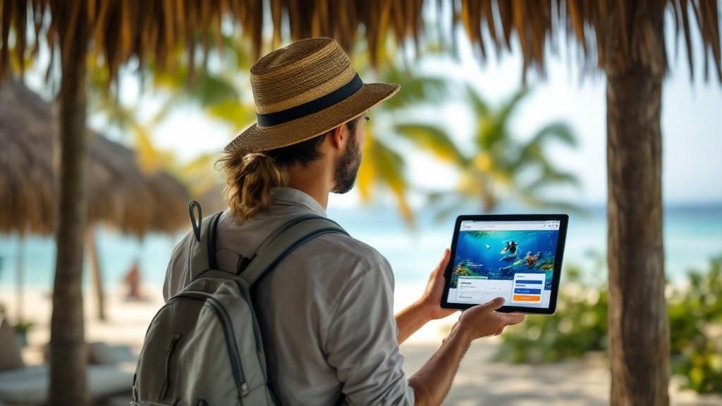 A person's hands holding up snorkel gear against a sunny beach background.