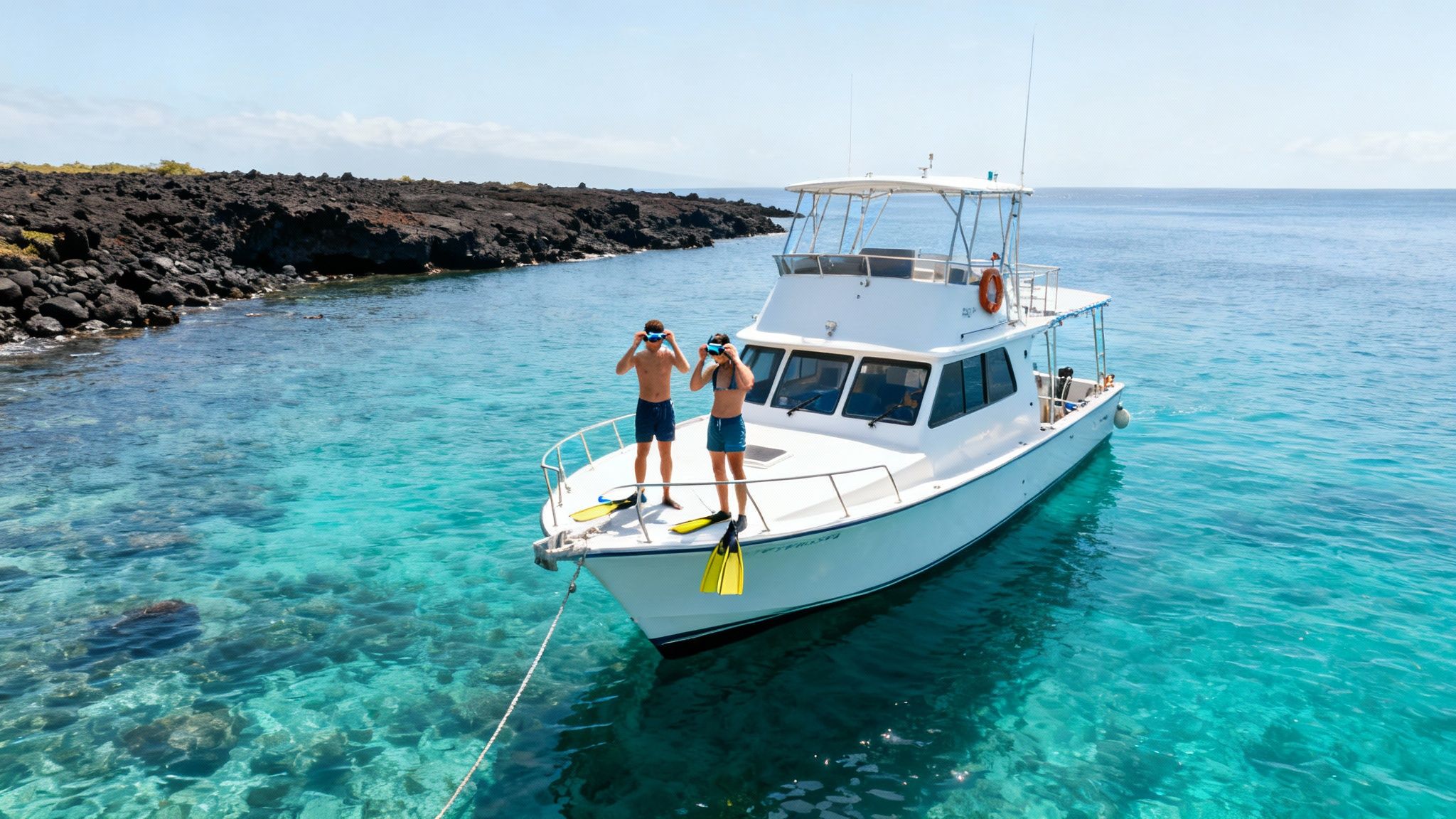 Two people on a boat preparing to snorkel in clear turquoise water near a rocky Hawaiian coast.