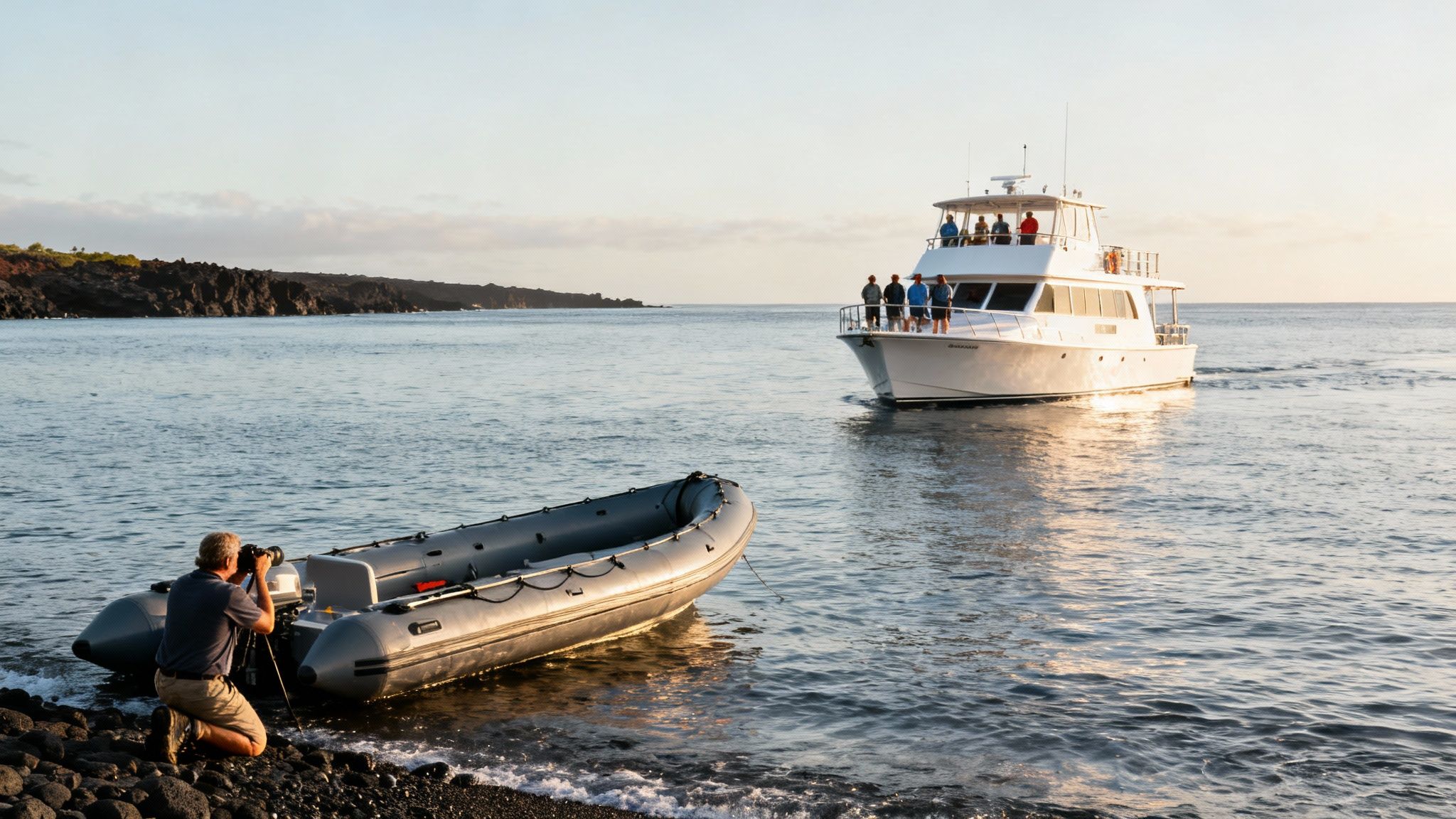 A small group tour boat getting a close-up, water-level view of a breaching humpback whale.
