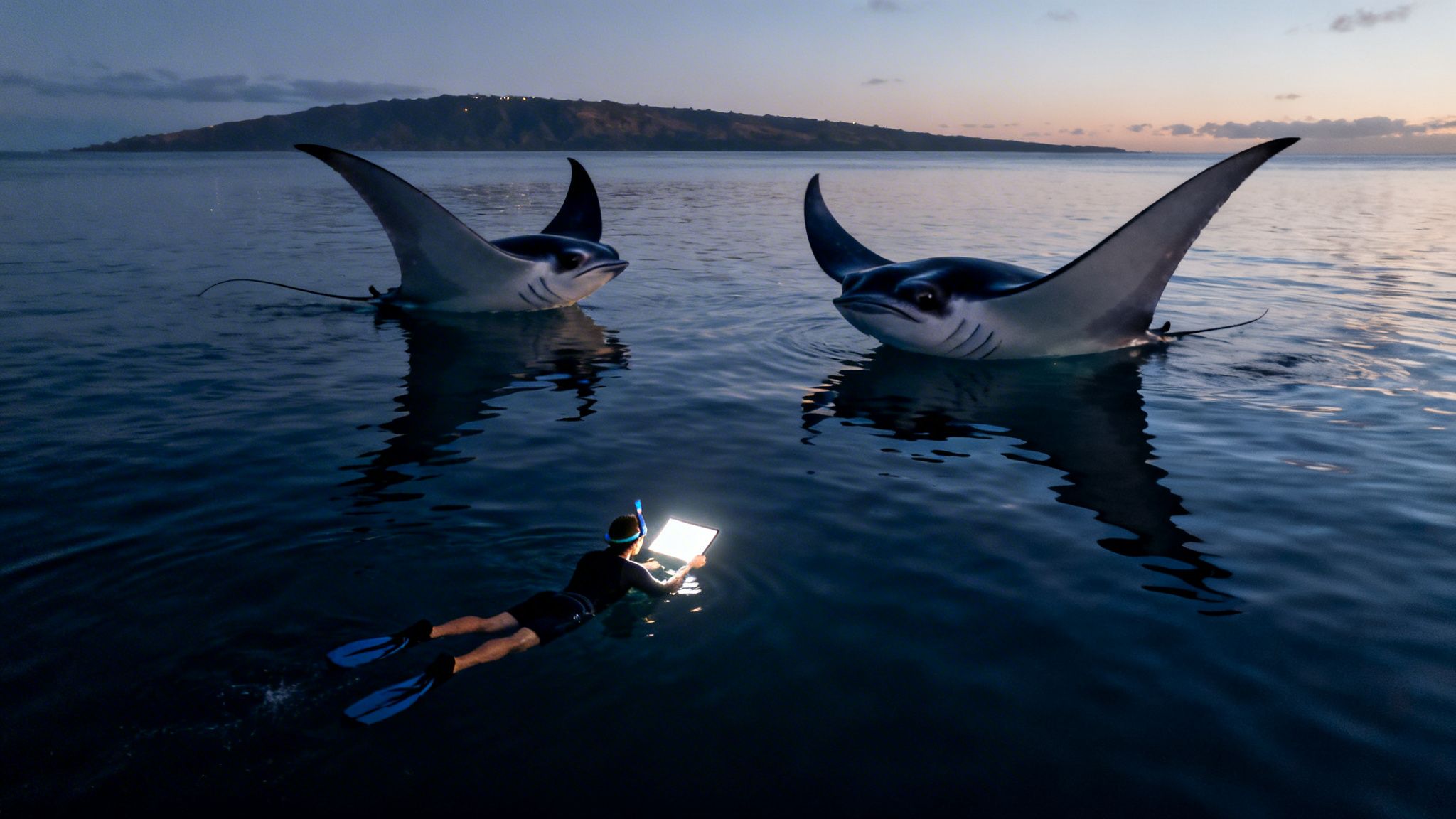 A snorkeler with a glowing light attracts two large manta rays in dark ocean waters at twilight.
